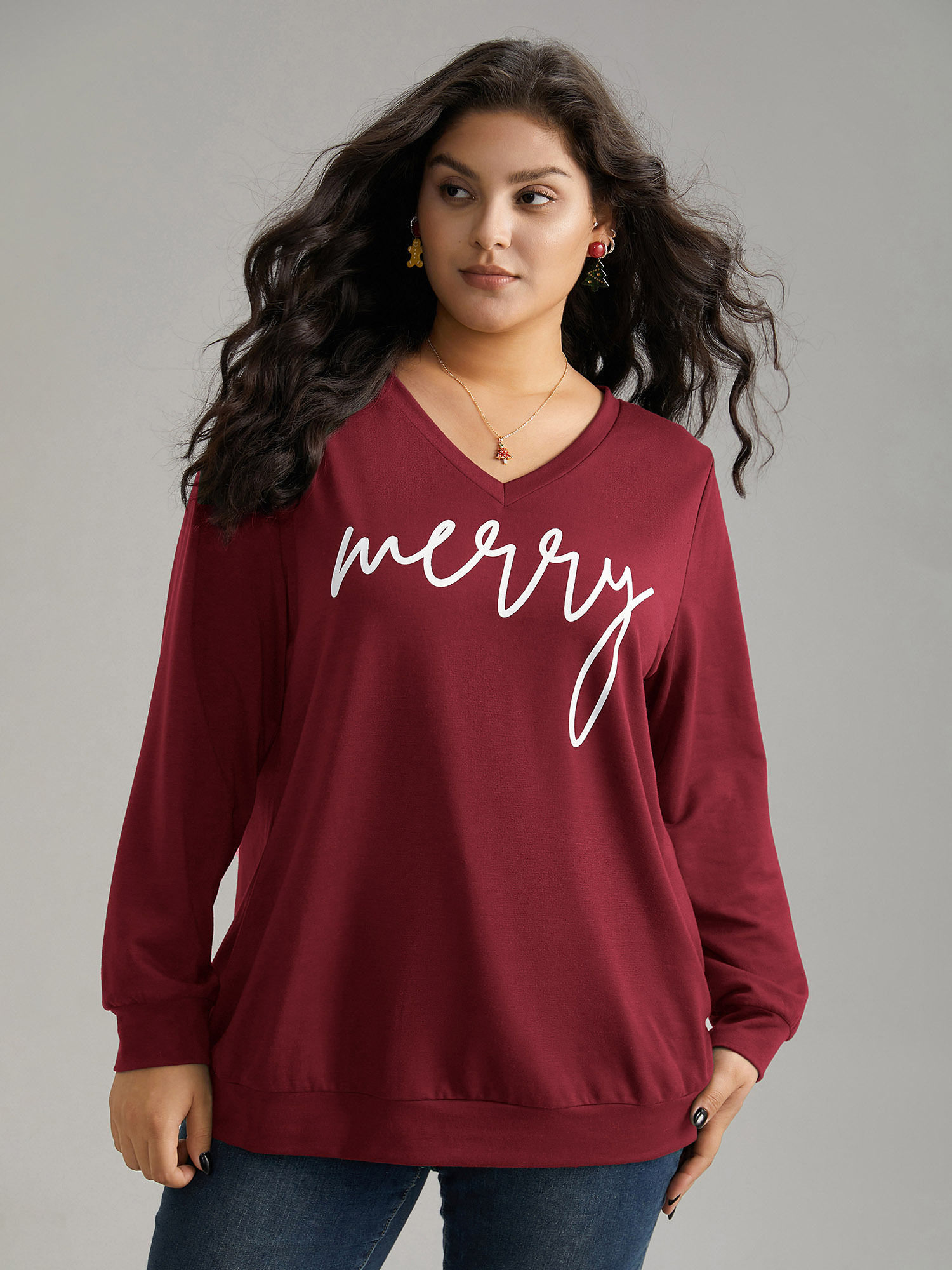 

Plus Size Season's Greetings Printed V-Neck Sweatshirt Women Raspberry Casual Printed V-neck Festival-Christmas Sweatshirts BloomChic