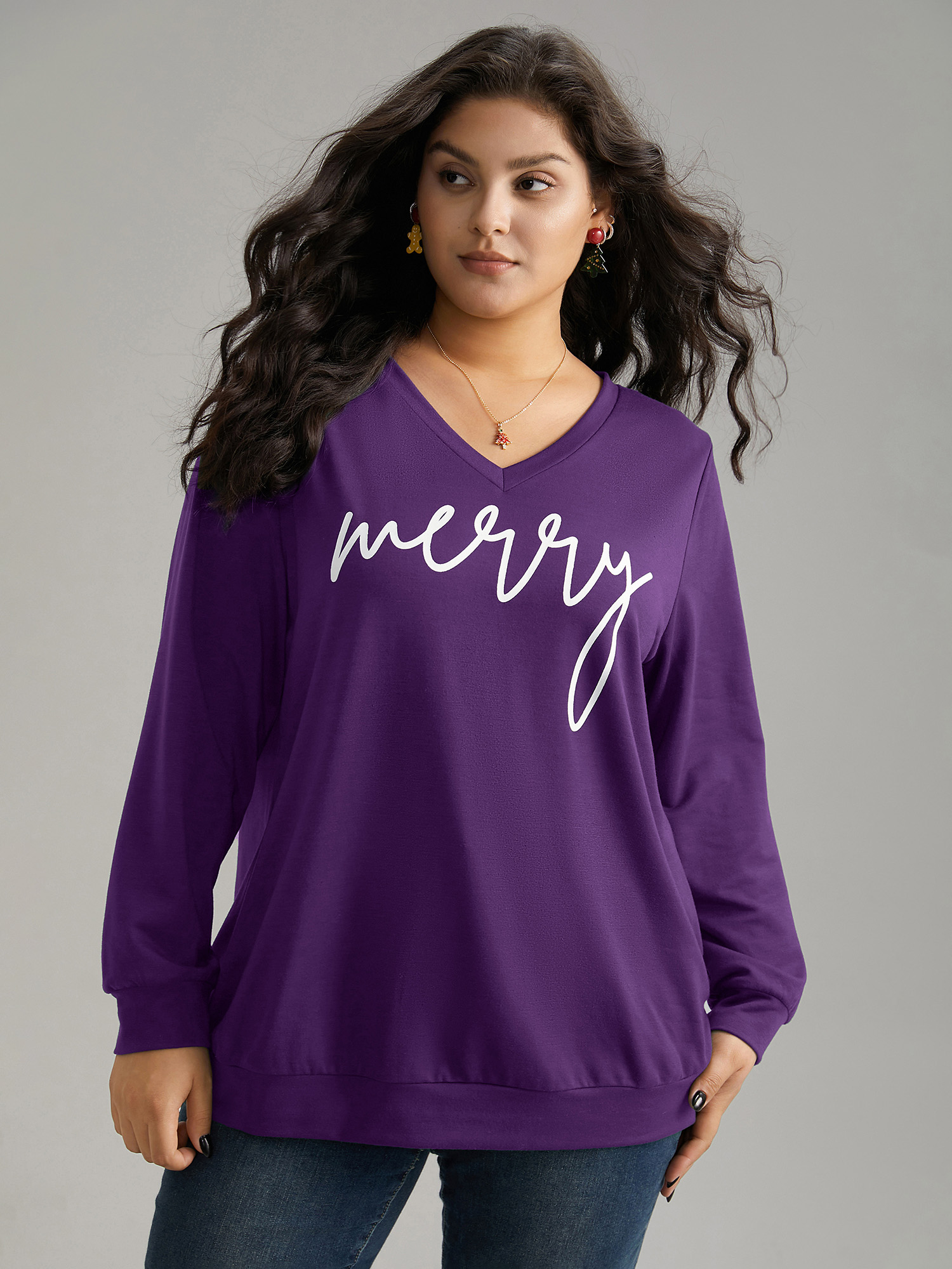 

Plus Size Season's Greetings Printed V-Neck Sweatshirt Women Eggplant Casual Printed V-neck Festival-Christmas Sweatshirts BloomChic