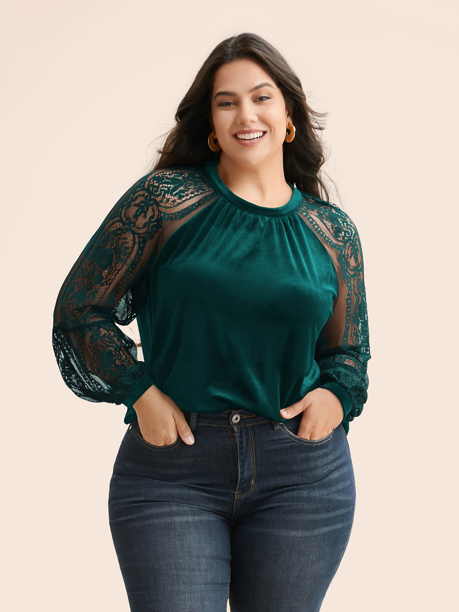 

Plus Size DarkGreen Lace Patchwork Velvet Raglan Sleeve Blouse Women Elegant Long Sleeve Stand-up collar Everyday Blouses BloomChic