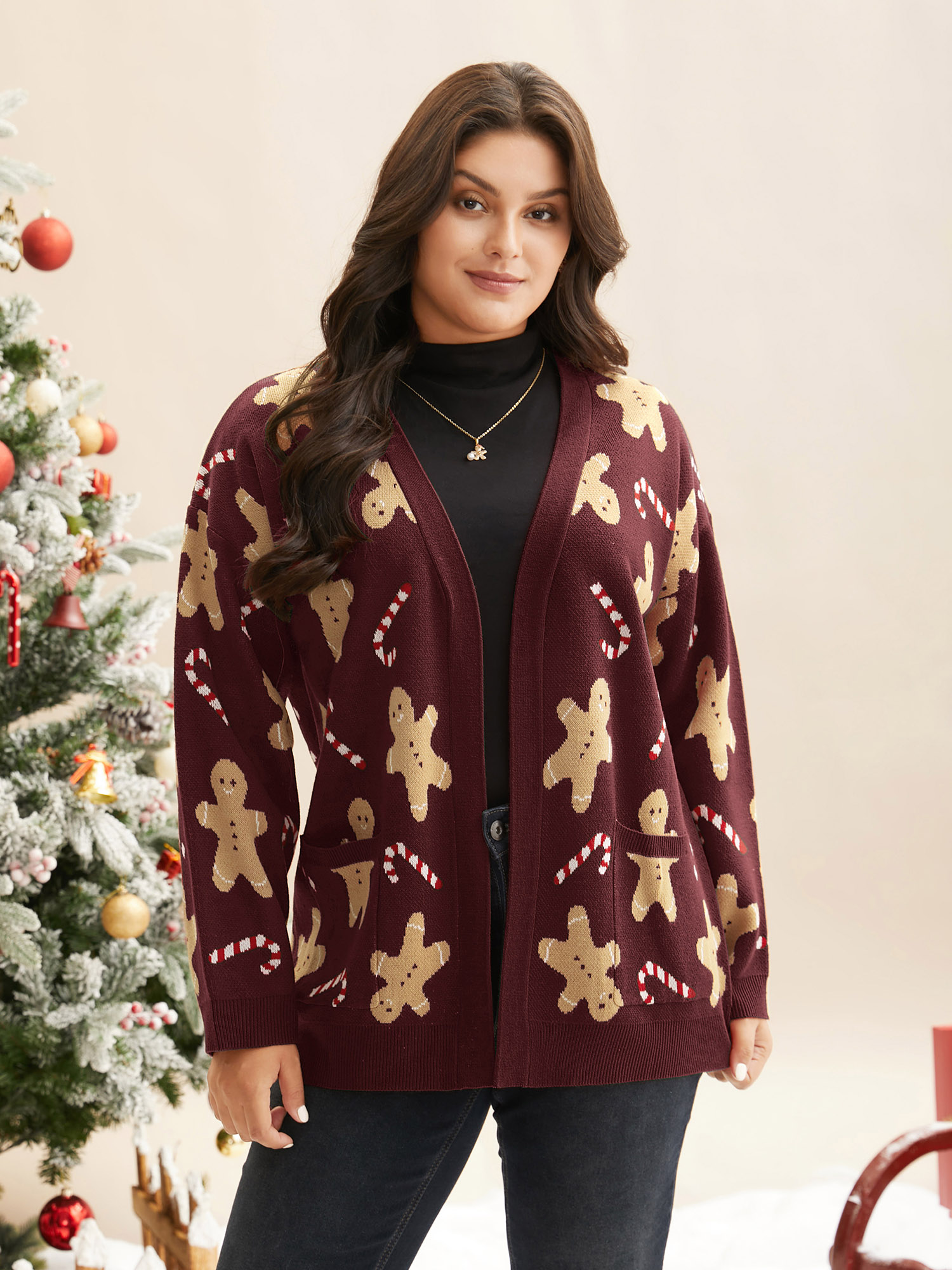 

Plus Size Gingerbread & Candycane Shimmering Threads Cardigan Deepred Women Casual Loose Long Sleeve Everyday Cardigans BloomChic