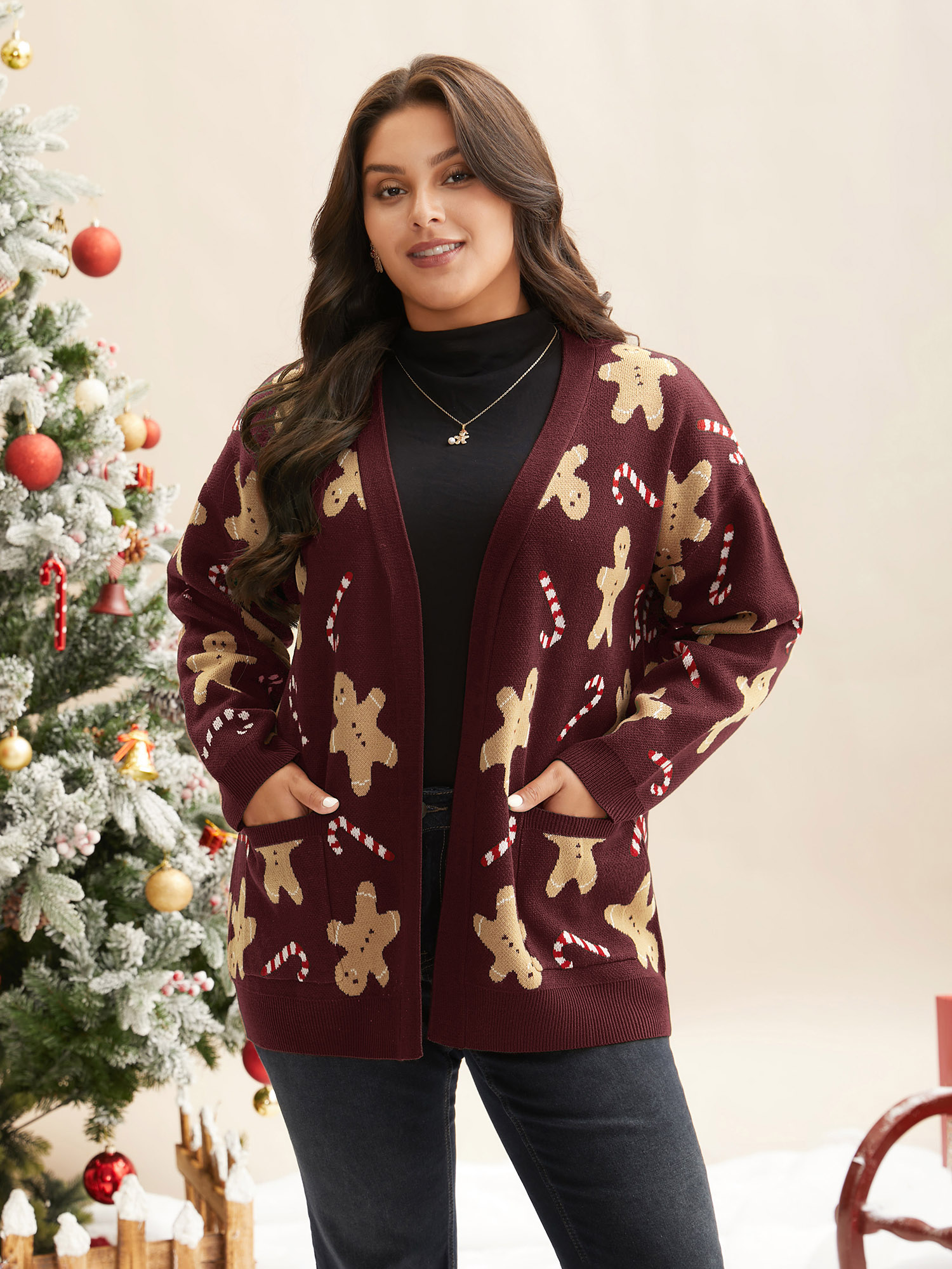 

Plus Size Gingerbread & Candycane Shimmering Threads Cardigan Deepred Women Casual Loose Long Sleeve Everyday Cardigans BloomChic