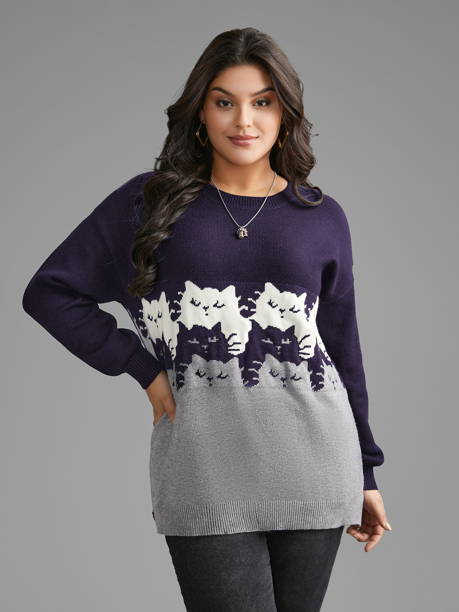 

Plus Size Cat Contrast Drop Shoulder Pullover Eggplant Women Casual Loose Long Sleeve Round Neck Everyday Pullovers BloomChic