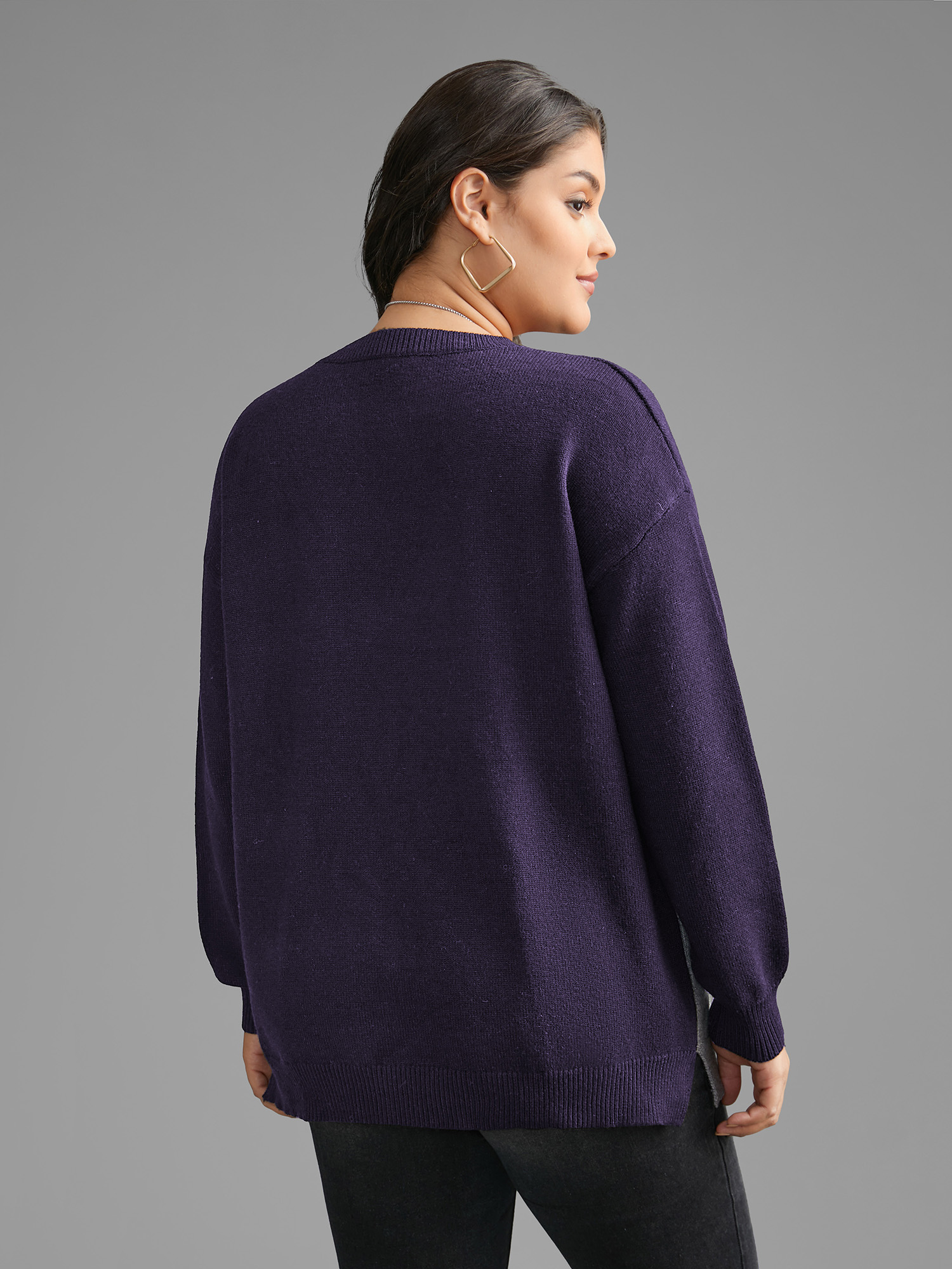 

Plus Size Cat Contrast Drop Shoulder Pullover Eggplant Women Casual Loose Long Sleeve Round Neck Everyday Pullovers BloomChic