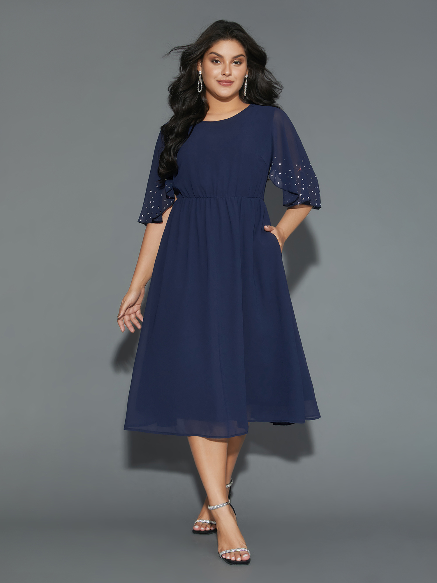 

Plus Size Rhinestone Elastic Waist Ruffle Sleeve Dress Navy Women Cocktail Rhinestone detailing Party Curvy Bloomchic