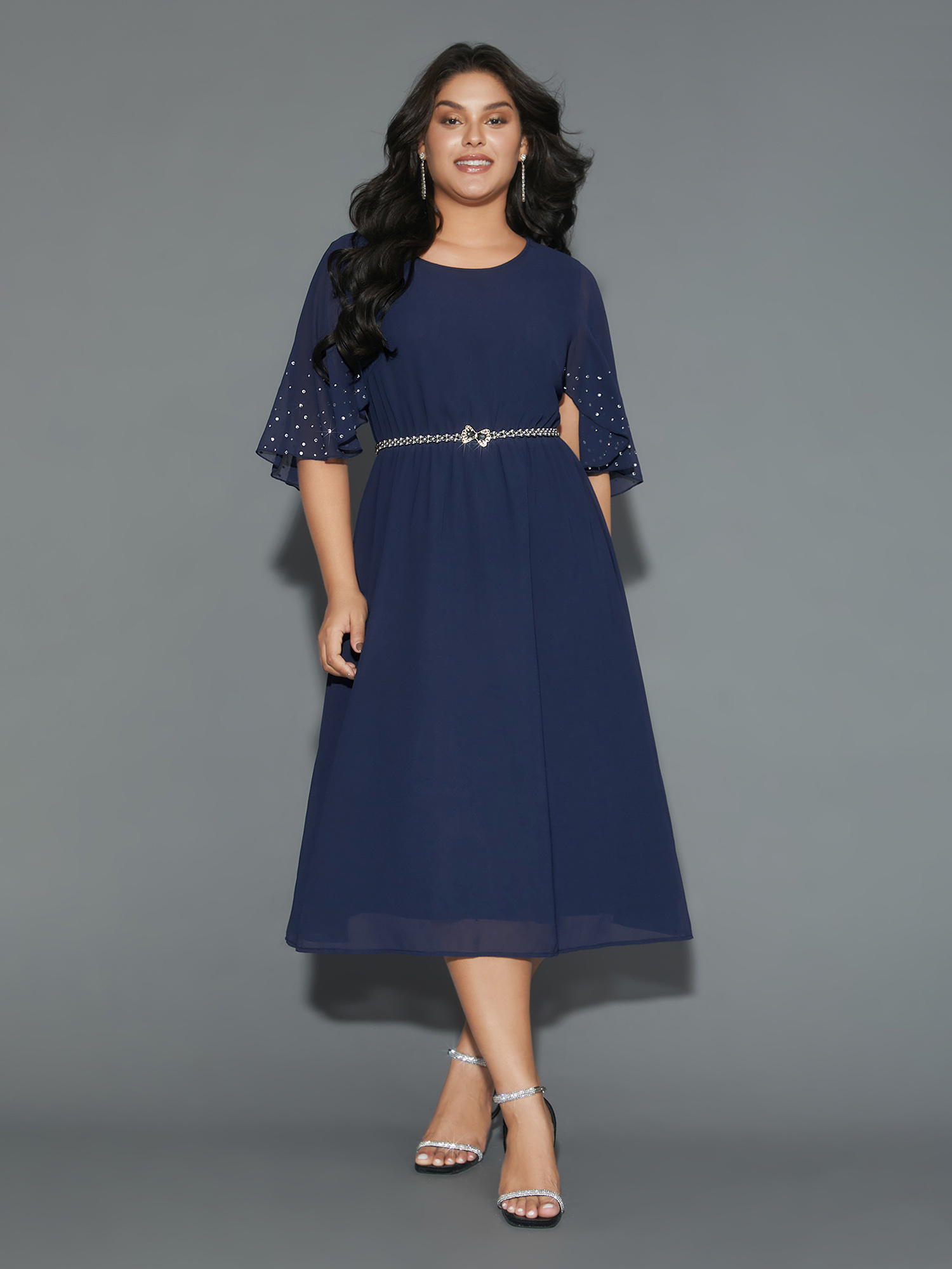 

Plus Size Rhinestone Elastic Waist Ruffle Sleeve Dress Navy Women Cocktail Rhinestone detailing Party Curvy Bloomchic