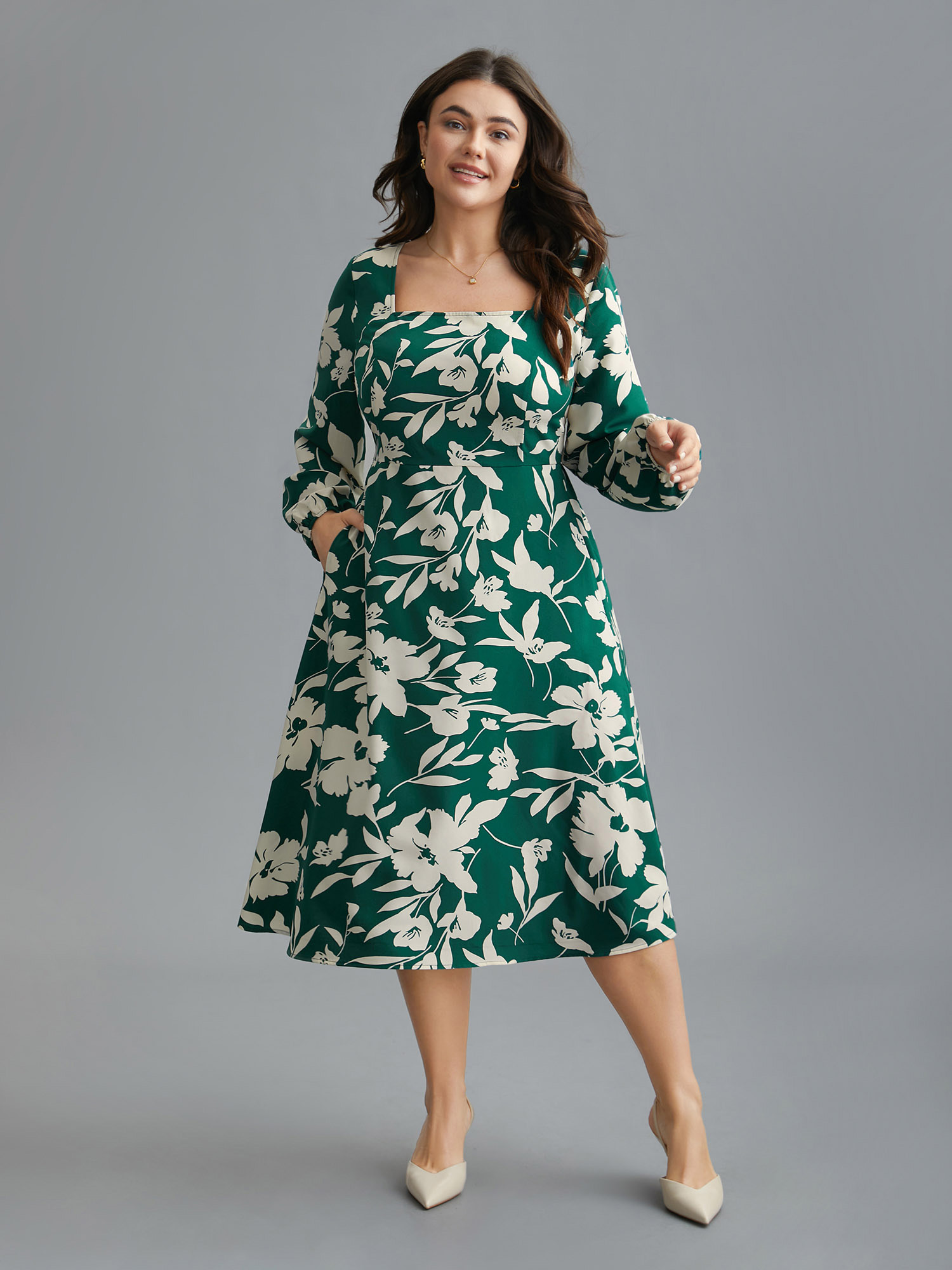 

Plus Size Floral Square Neck Elastic Waist Midi Dress Teal Women Elegant Non Square Neck Long Sleeve Curvy BloomChic