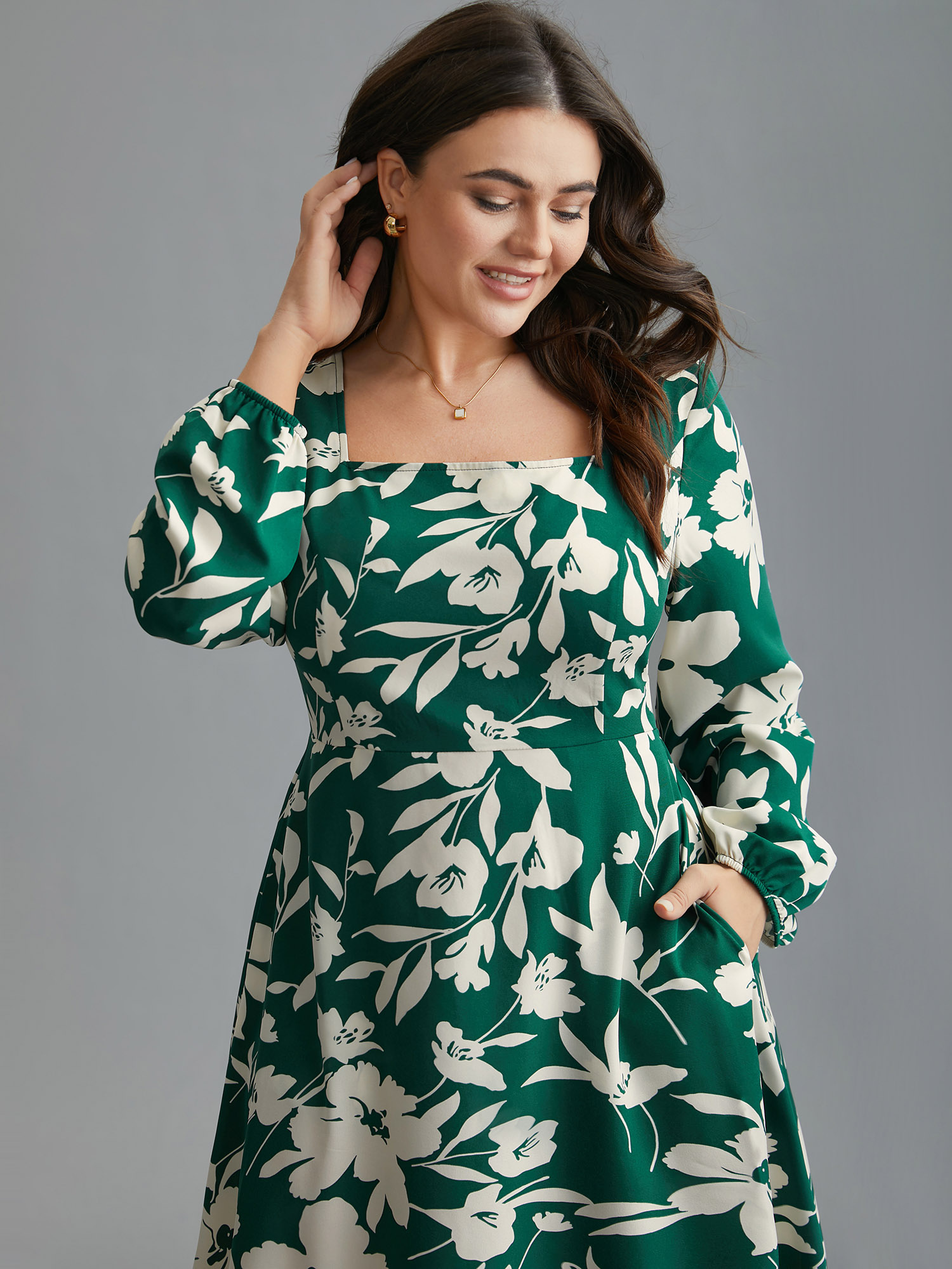 

Plus Size Floral Square Neck Elastic Waist Midi Dress Teal Women Elegant Non Square Neck Long Sleeve Curvy BloomChic