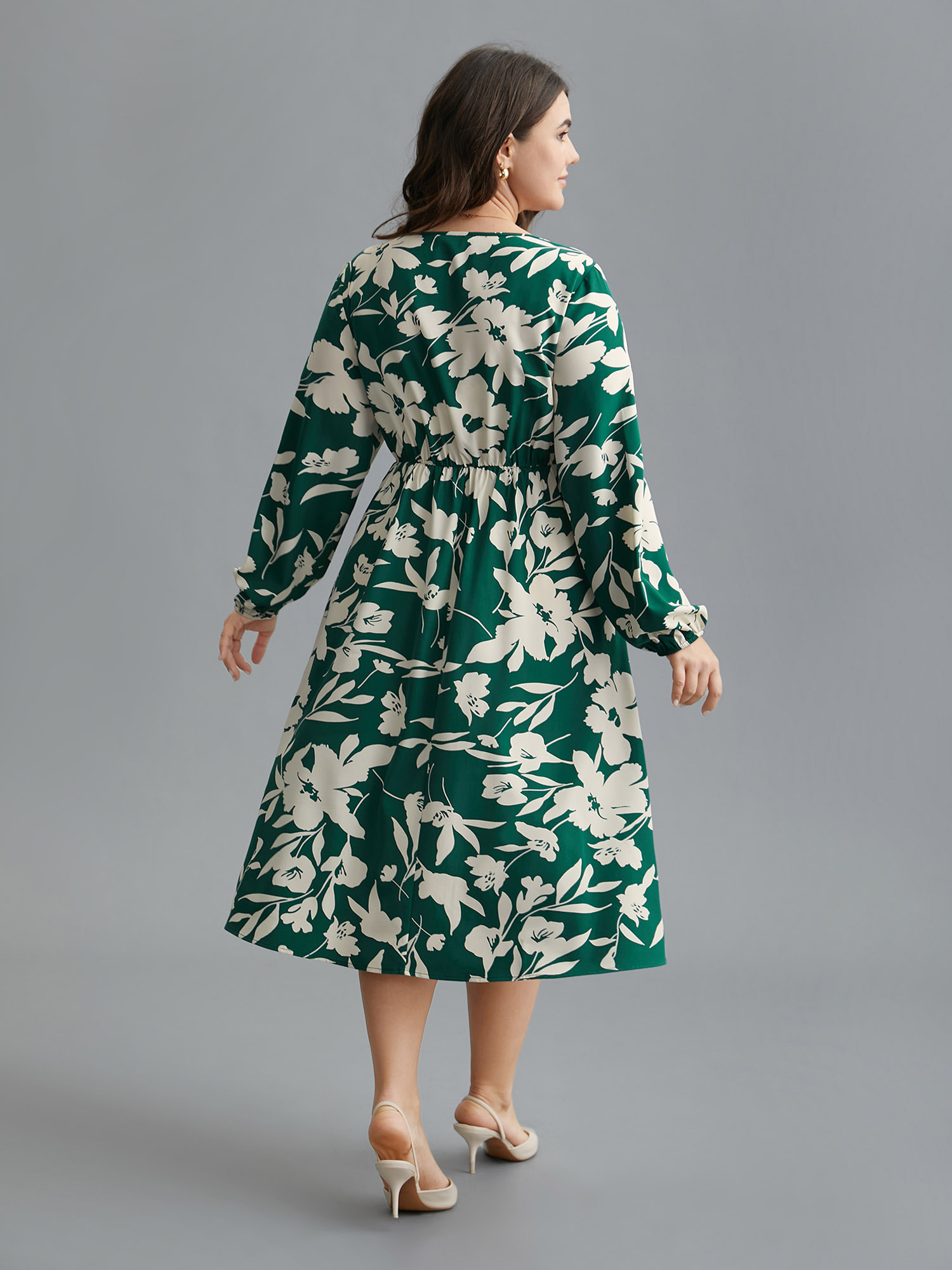 

Plus Size Floral Square Neck Elastic Waist Midi Dress Teal Women Elegant Non Square Neck Long Sleeve Curvy BloomChic