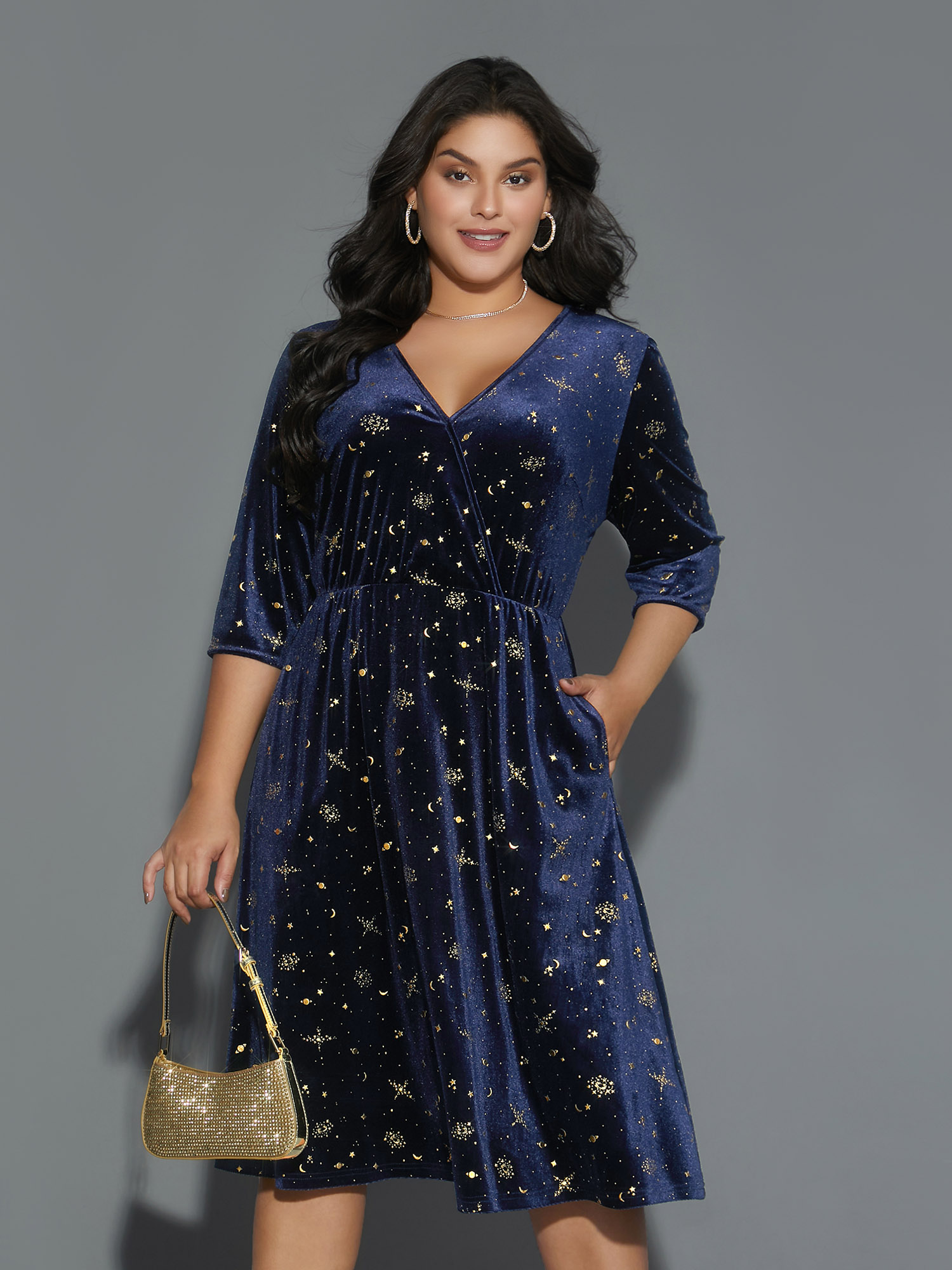 

Plus Size Velvet Moon & Star Overlap Collar Midi Dress Midnight Women Cocktail Texture Party Curvy Bloomchic