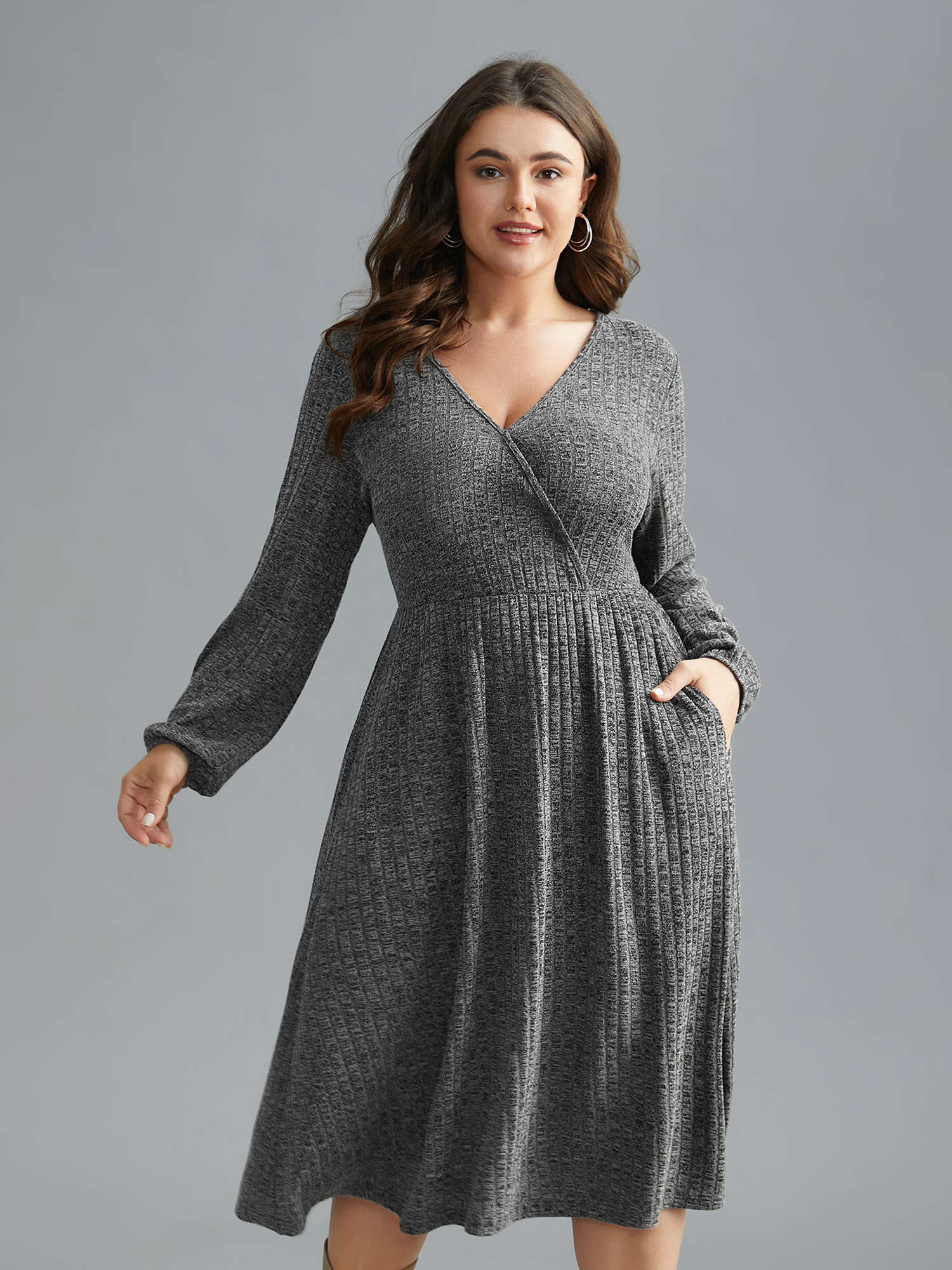 

Plus Size Pit Strip Overlap Collar Midi Dress DarkGray Women Casual Texture Knit Dresses Bloomchic