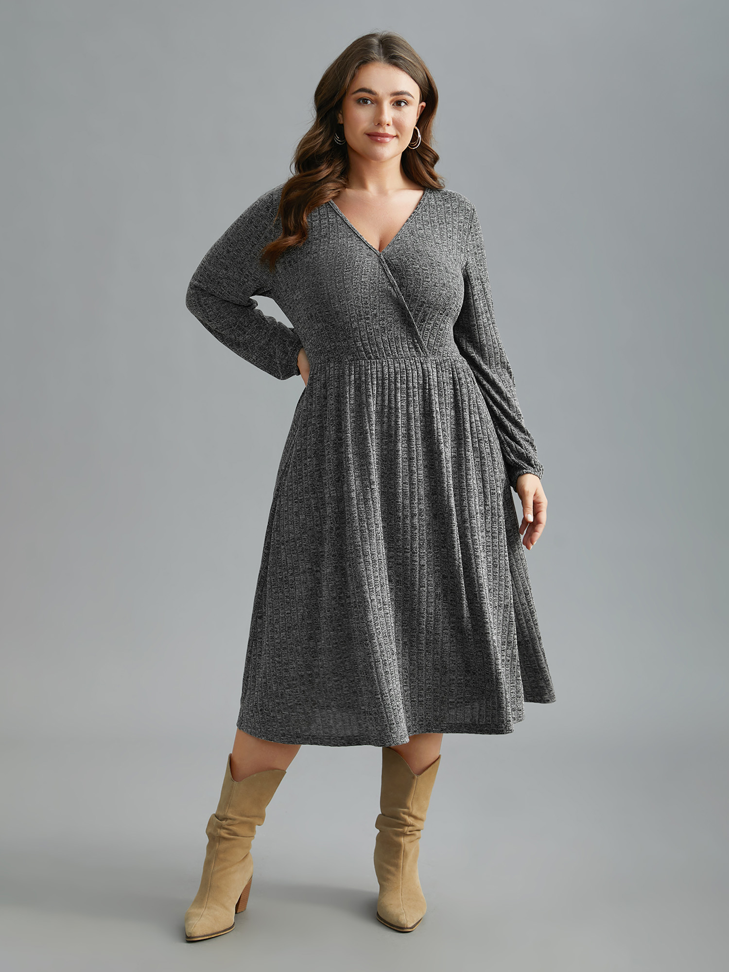 

Plus Size Pit Strip Overlap Collar Midi Dress DarkGray Women Casual Texture Knit Dresses Bloomchic