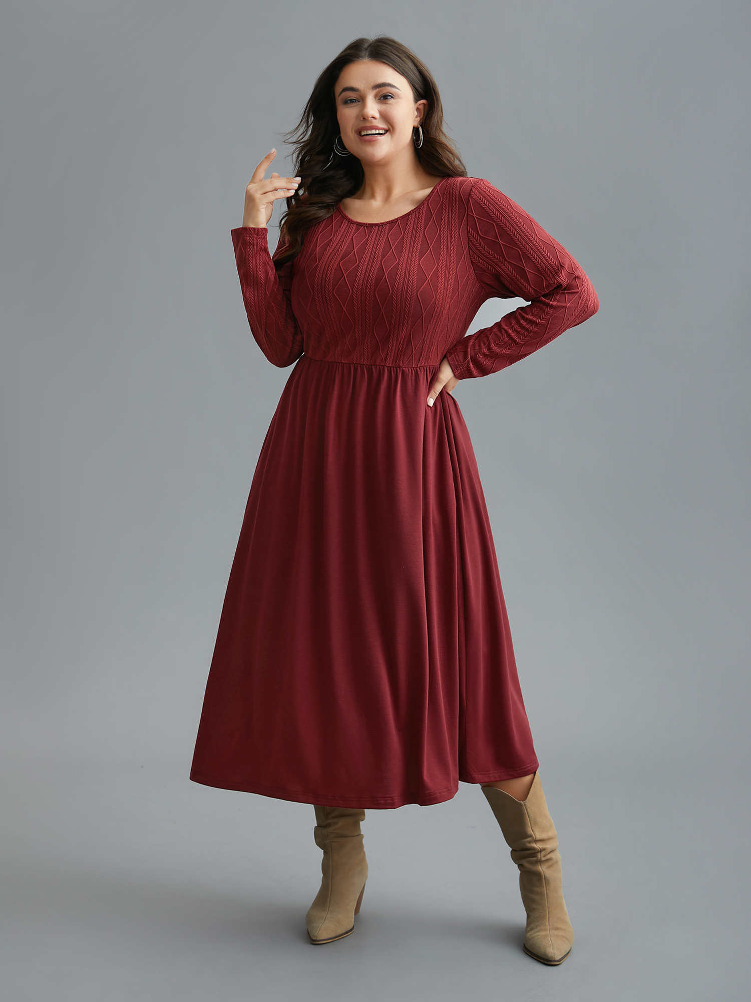 

Plus Size Cable Knit Round Neck Elastic Waist Midi Dress Burgundy Women Casual Texture Knit Dresses Bloomchic