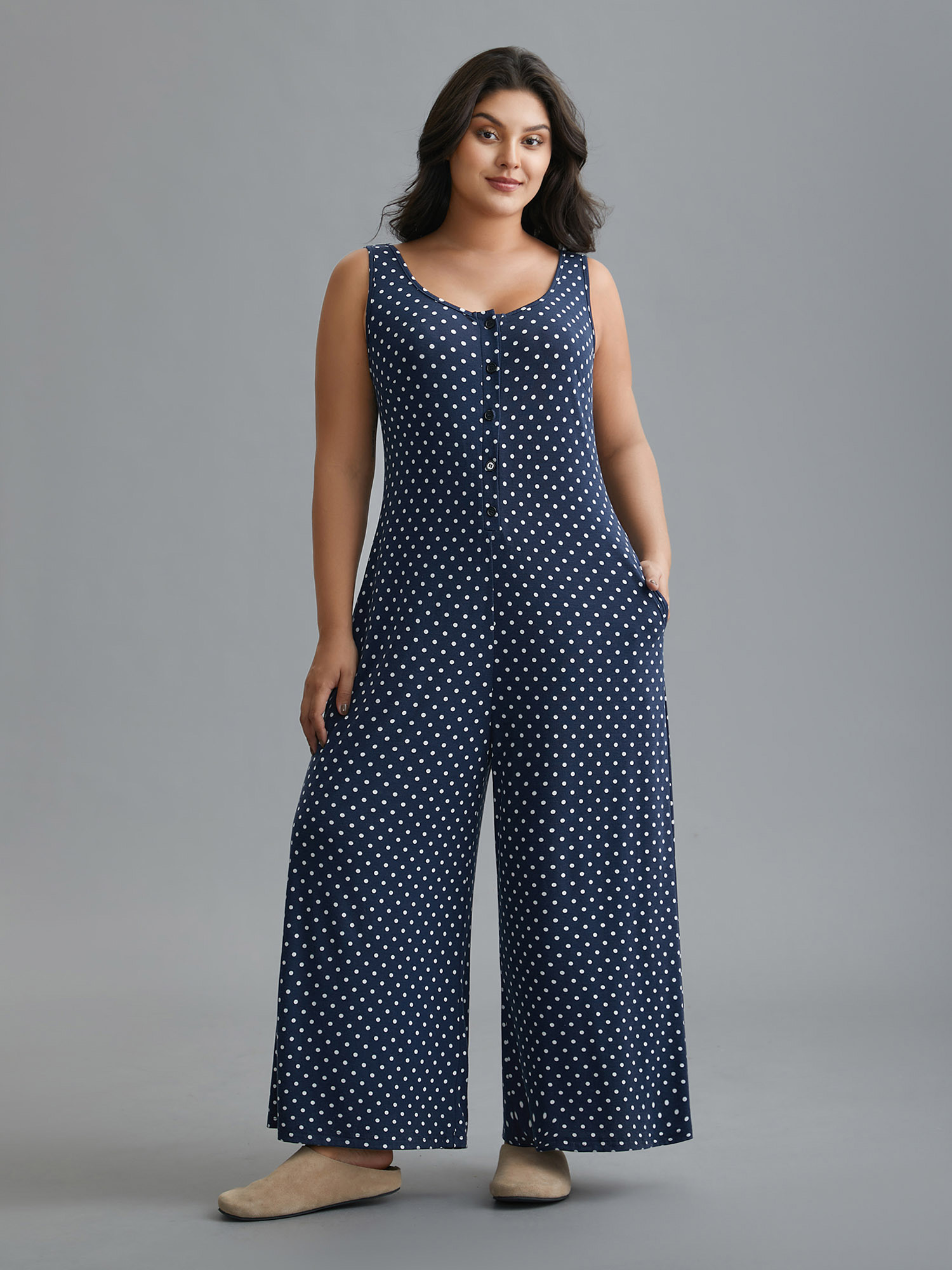 

Plus Size U Neck Polka Dot Button Up Sleep Jumpsuit Mediumblue Side seam pocket Button Everyday Lounge Sleep Jumpsuits/Rompers  Bloomchic