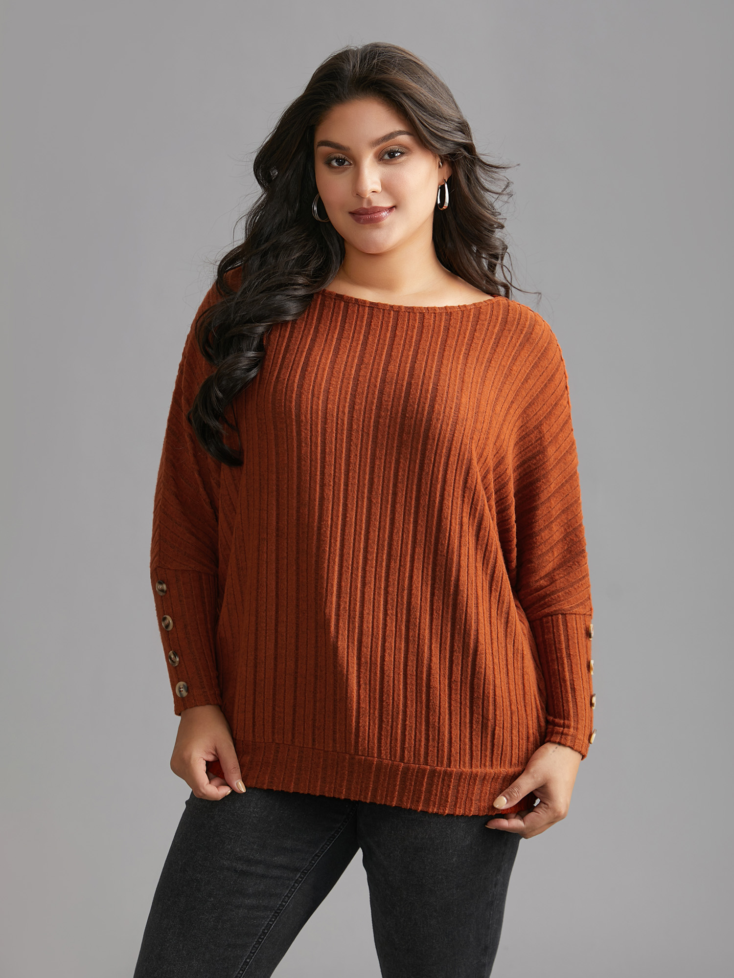 

Plus Size Textured Sleeves Buttons Round Neck Knit Top Brightorange Boat Neck Extra Long Sleeve Casual Jersey Tops