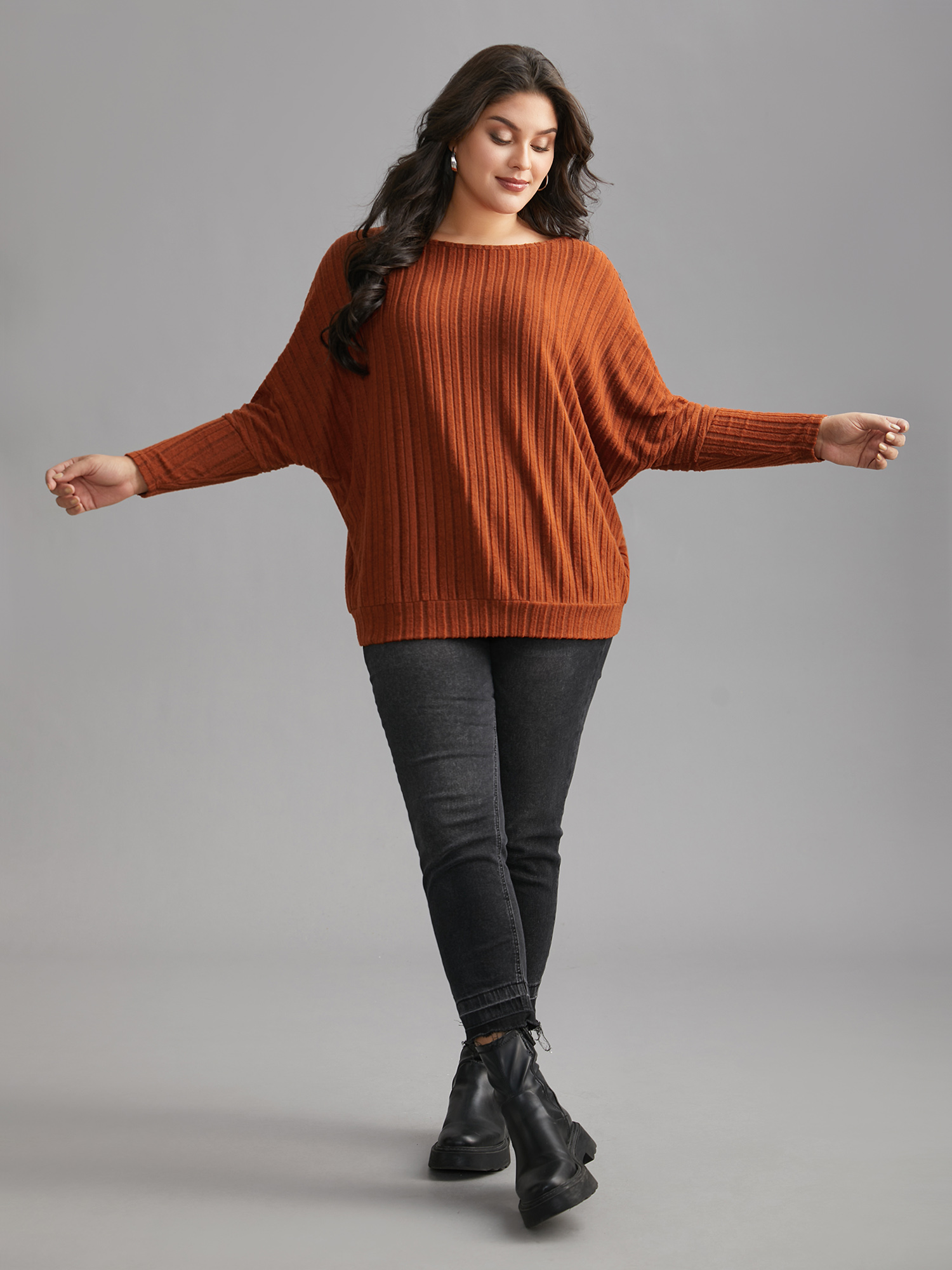 

Plus Size Textured Sleeves Buttons Round Neck Knit Top Brightorange Boat Neck Extra Long Sleeve Casual Jersey Tops