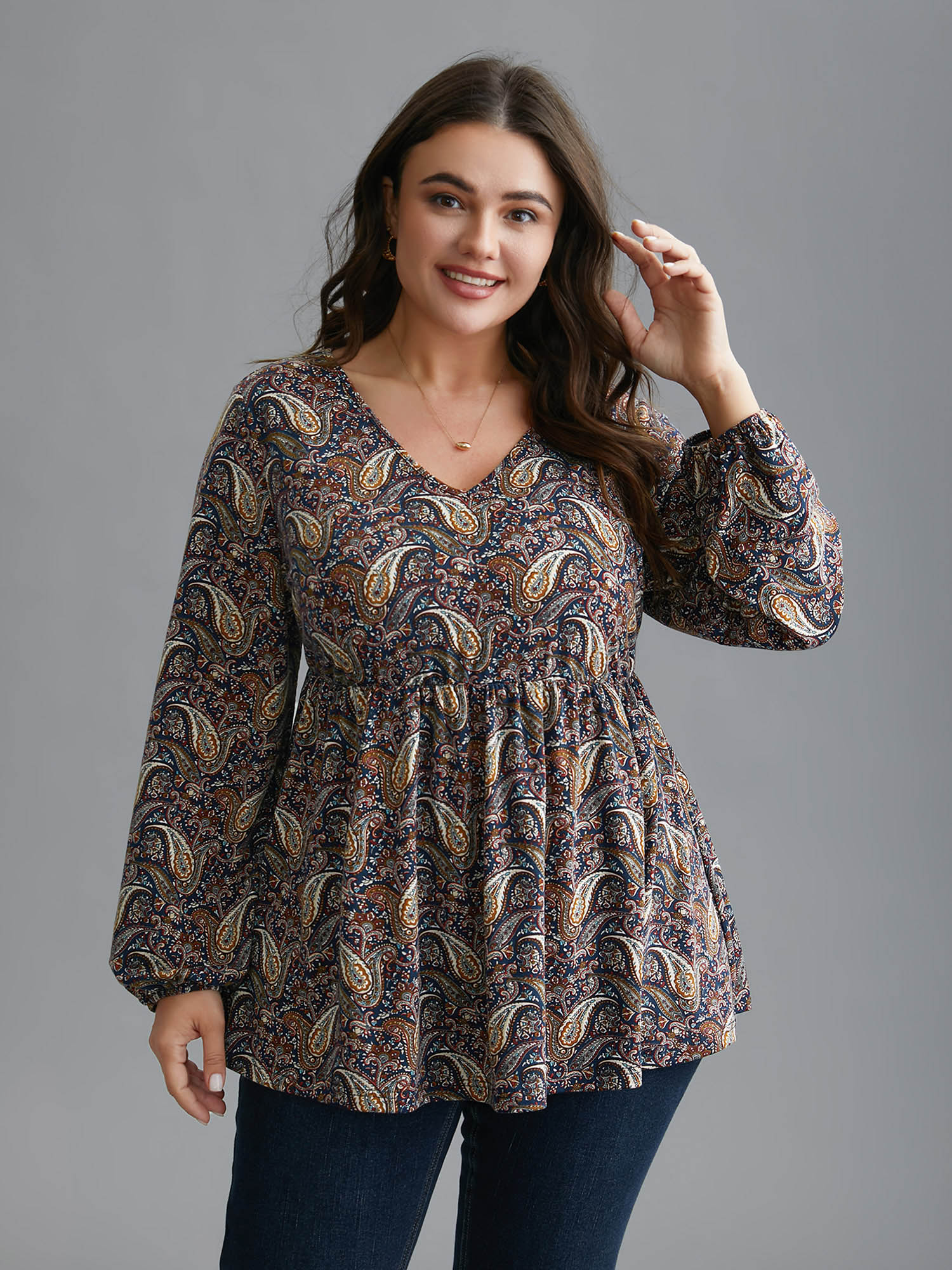 

Plus Size Perris Pattern V-Neck Waist-Cinching Knit Top Indigo V-neck Extra Long Sleeve Elegant Jersey Tops