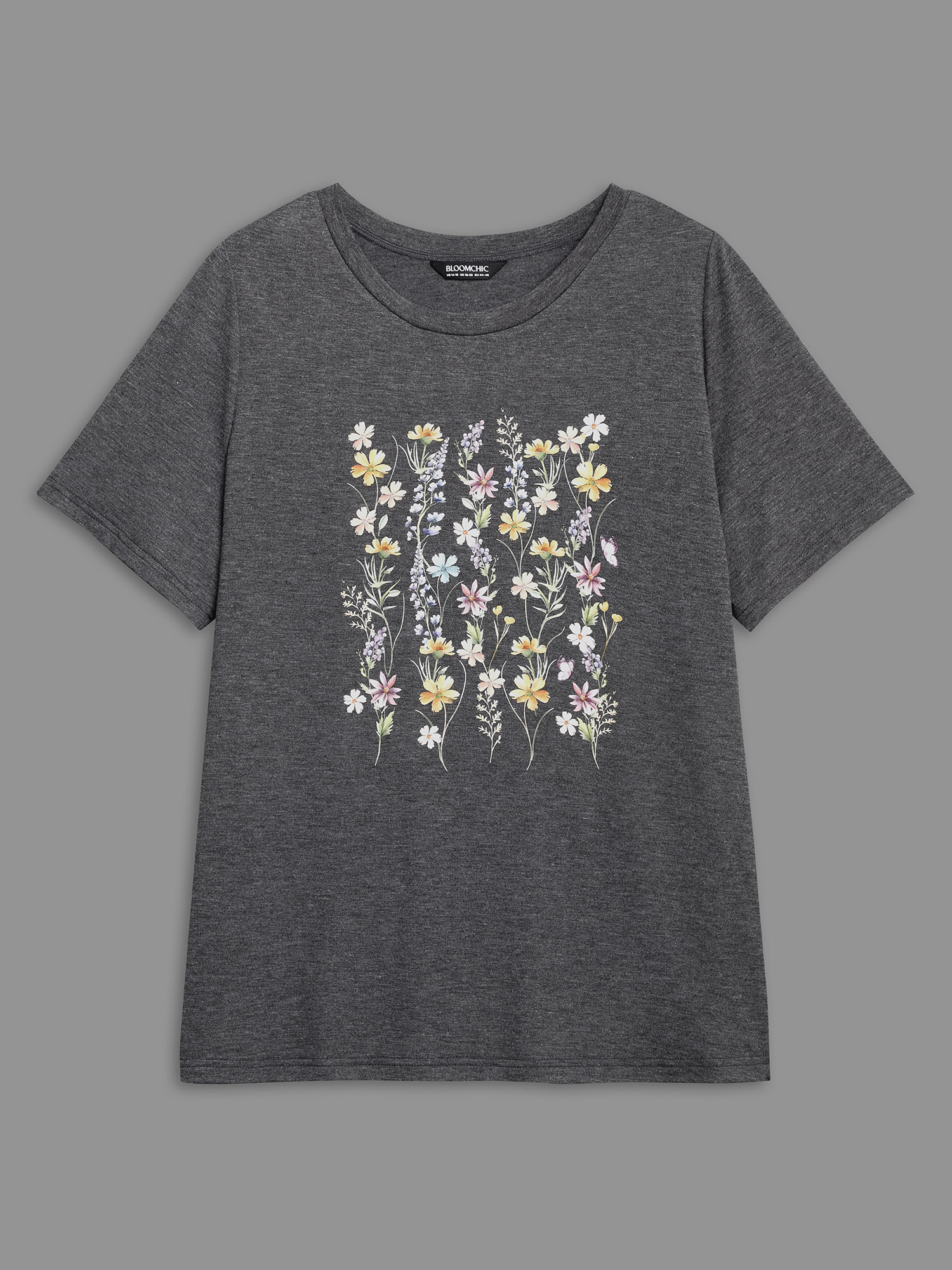 

Plus Size Floral Crew Neck Stretchy T-Shirt DimGray Women Casual Non Natural Flowers Round Neck Everyday T-shirts BloomChic