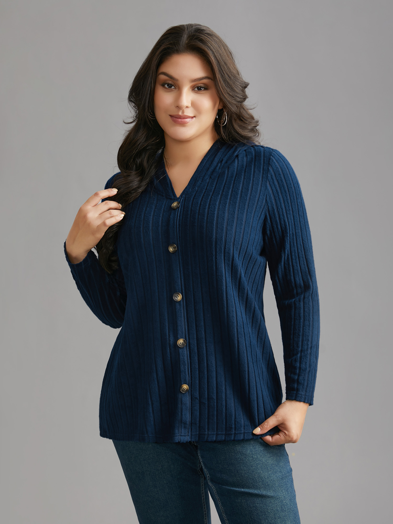 

Plus Size Striped Pit Button Front Hooded T-shirt DarkBlue Women Casual Texture Hooded Everyday T-shirts BloomChic