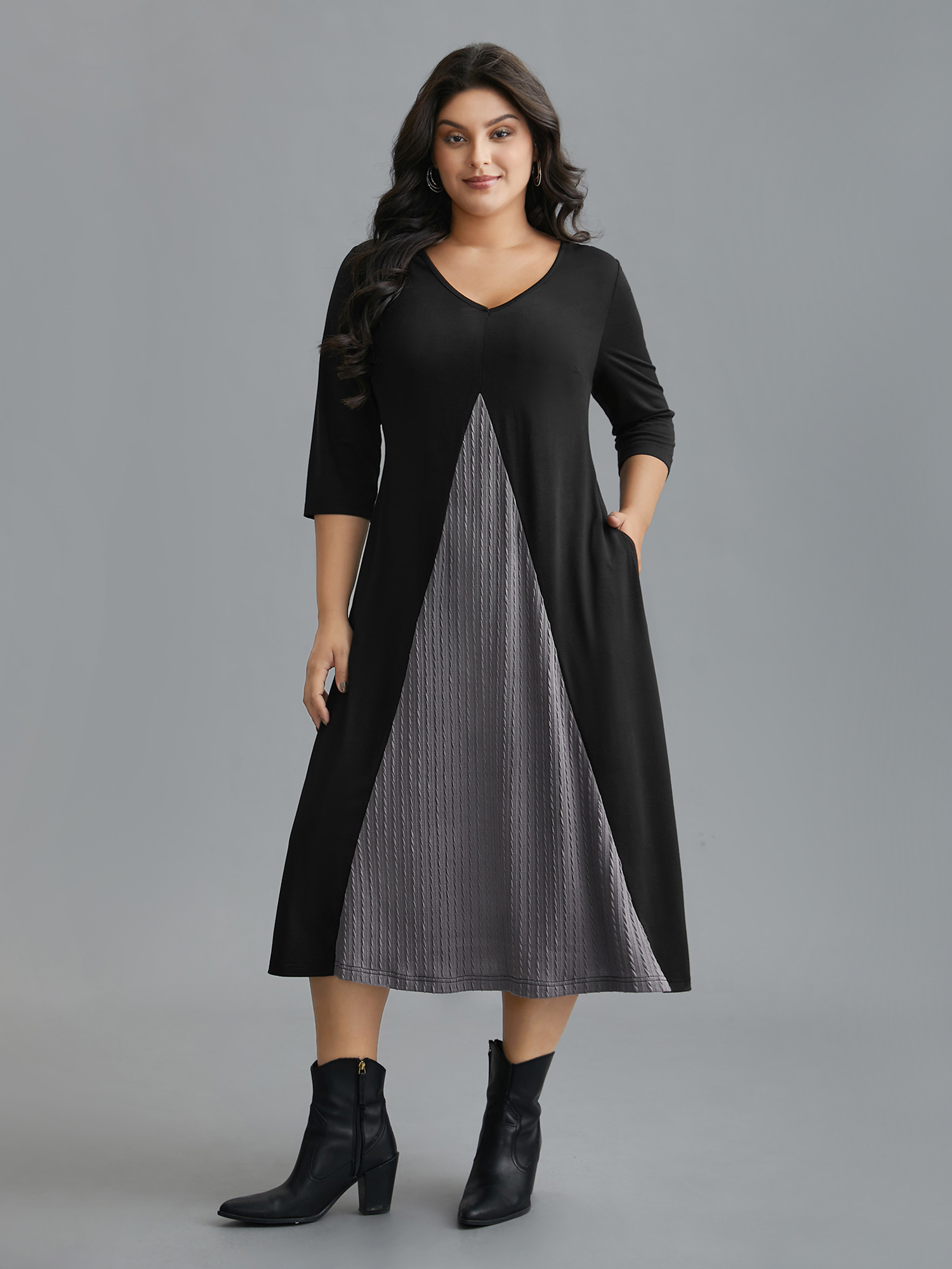 

Plus Size V Neck Textured Patchwork Midi Dress Black Women Casual Texture Party Curvy Bloomchic