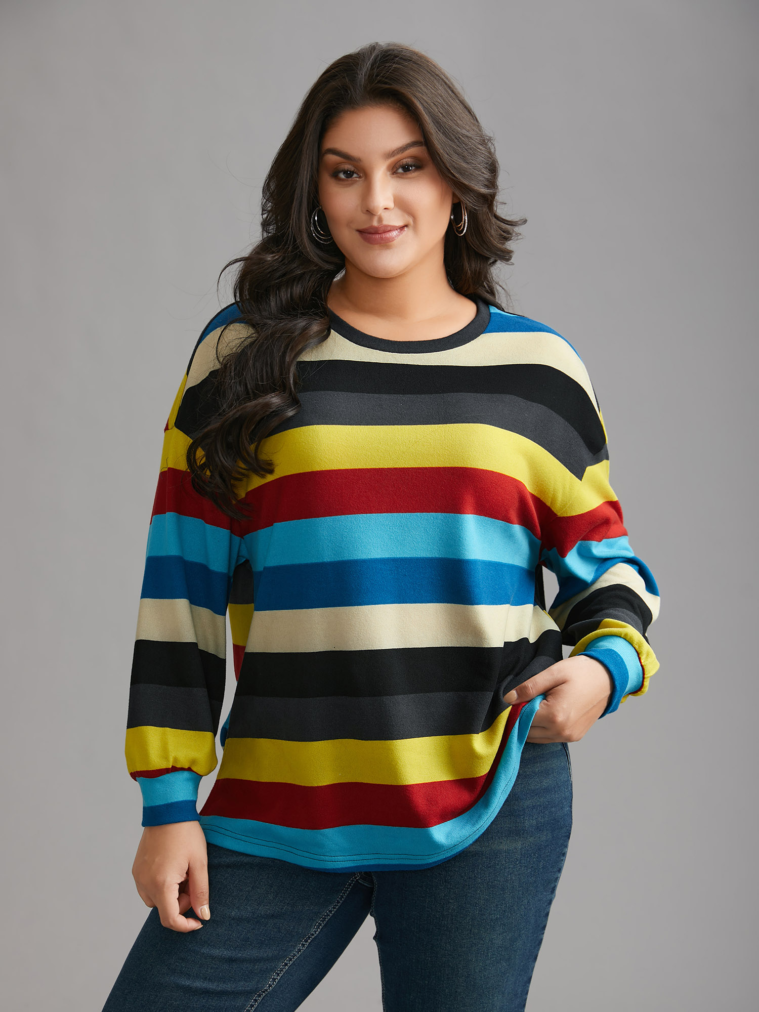 

Plus Size Multi-Color Striped Stretchy Crew Neck T-shirt Multicolor Women Casual Contrast Round Neck Loose Everyday T-shirts BloomChic