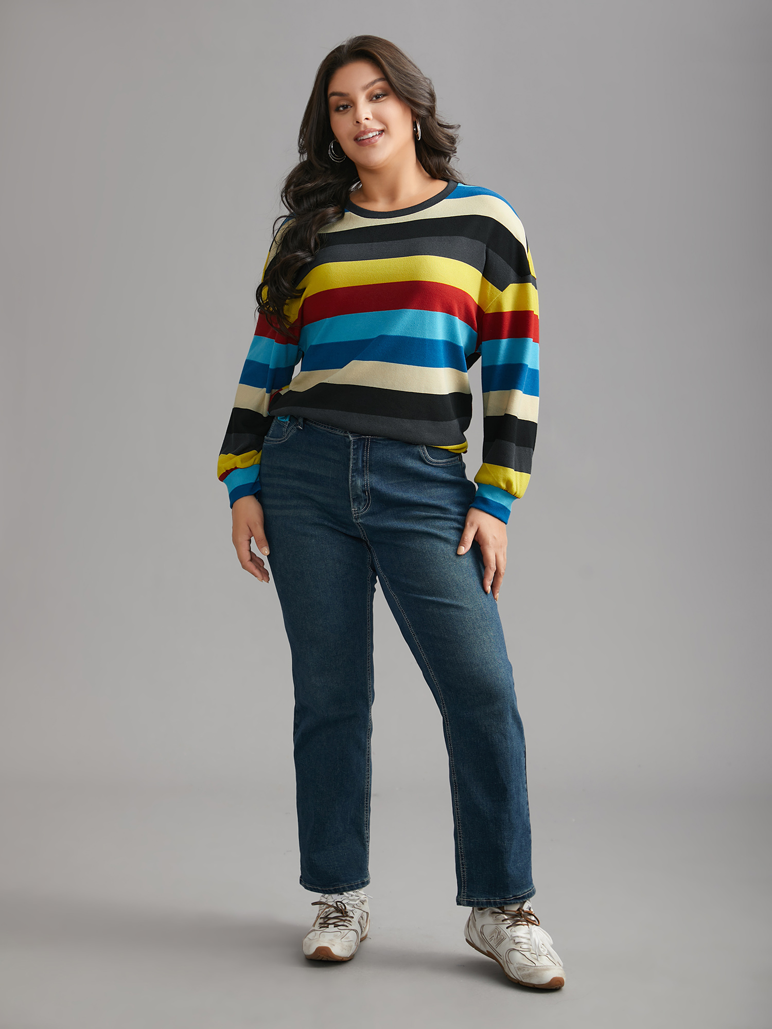 Plus Size Multi-Color Striped Stretchy Crew Neck T-shirt Multicolor Women Casual Contrast Round Neck Loose Everyday T-shirts BloomChic 22-24/3X 