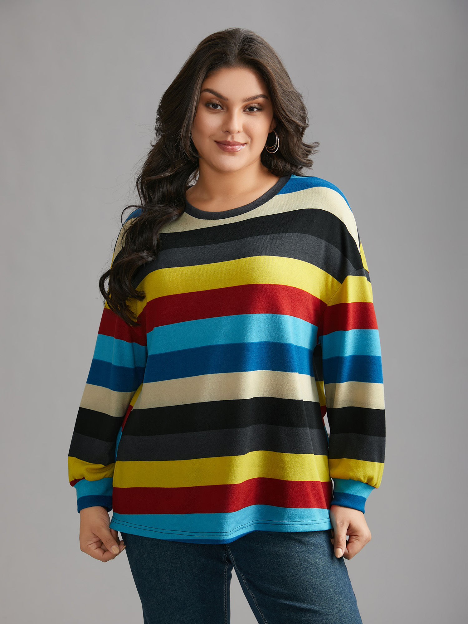 Plus Size Multi-Color Striped Stretchy Crew Neck T-shirt Multicolor Women Casual Contrast Round Neck Loose Everyday T-shirts BloomChic 22-24/3X 