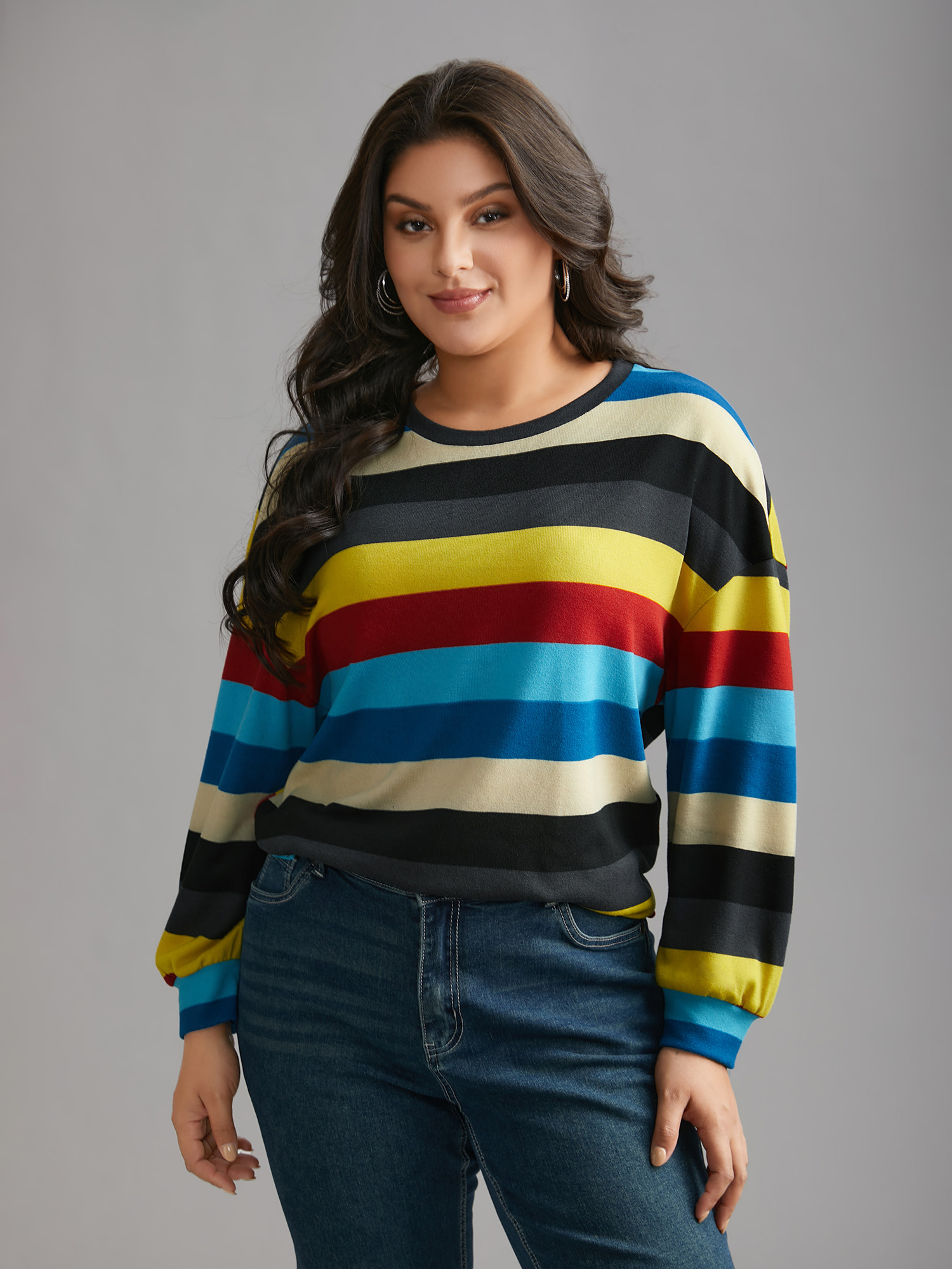 Plus Size Multi-Color Striped Stretchy Crew Neck T-shirt Multicolor Women Casual Contrast Round Neck Loose Everyday T-shirts BloomChic 22-24/3X 