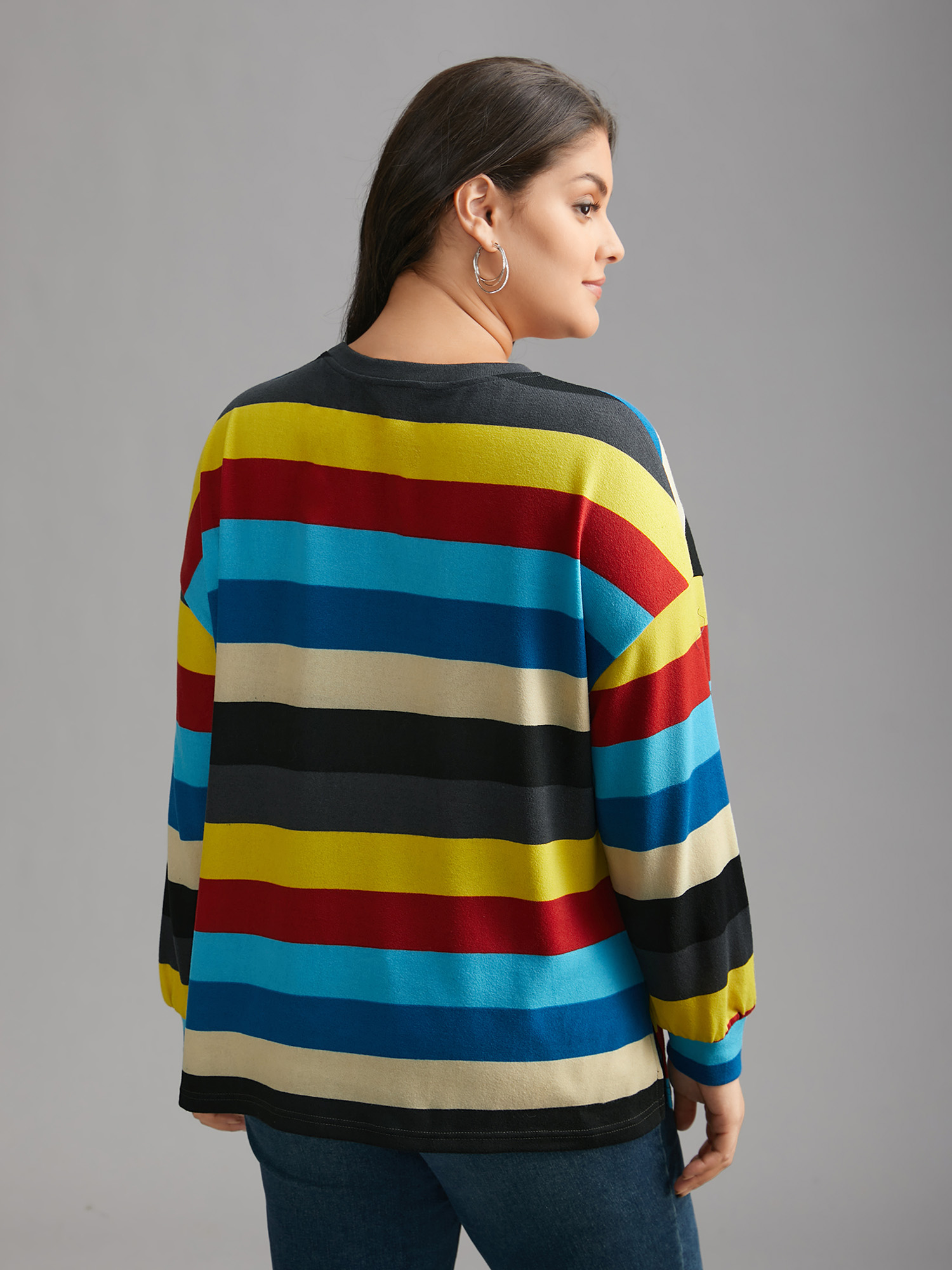 

Plus Size Multi-Color Striped Stretchy Crew Neck T-shirt Multicolor Women Casual Contrast Round Neck Loose Everyday T-shirts BloomChic