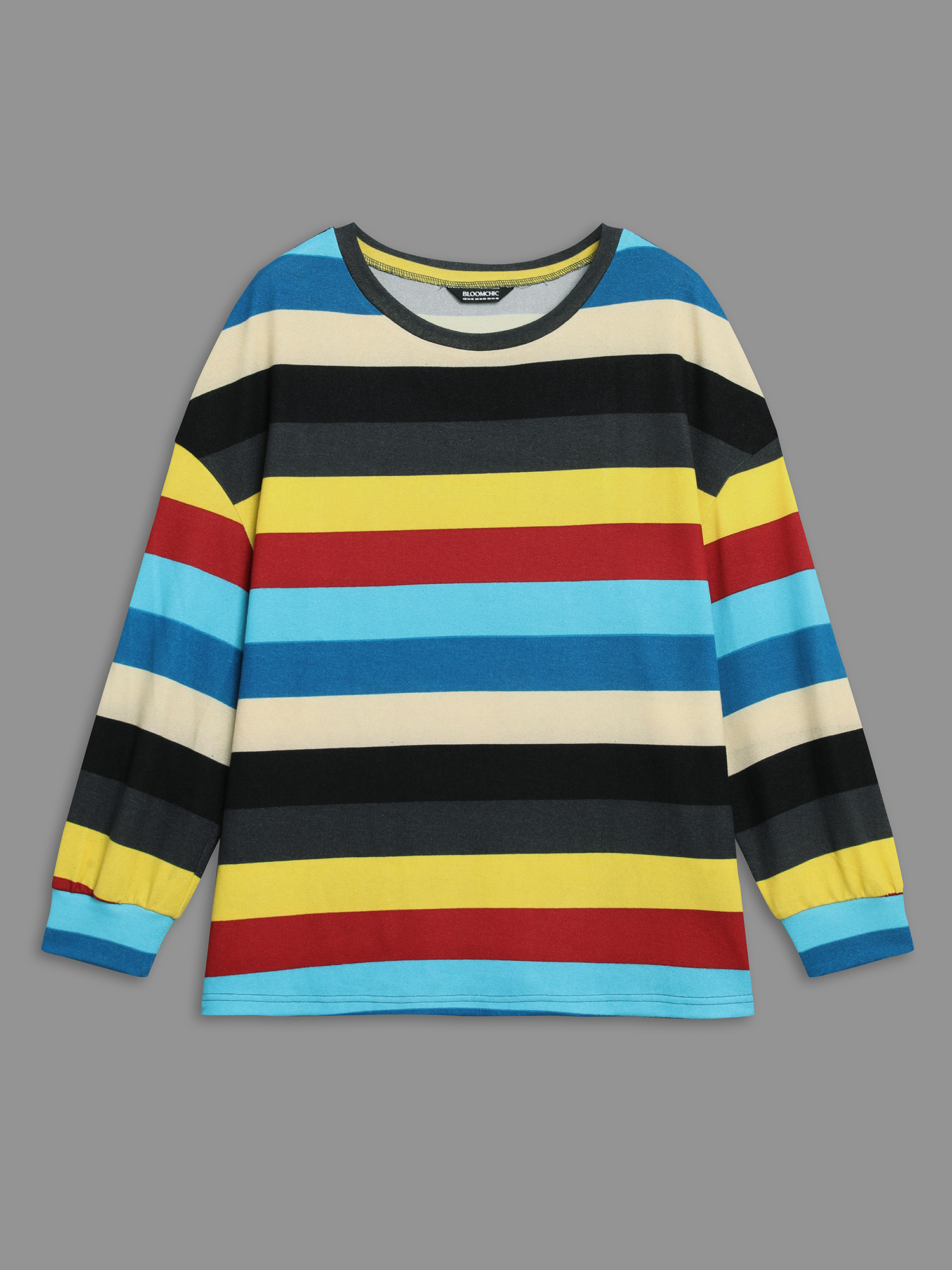 Plus Size Multi-Color Striped Stretchy Crew Neck T-shirt Multicolor Women Casual Contrast Round Neck Loose Everyday T-shirts BloomChic 22-24/3X 