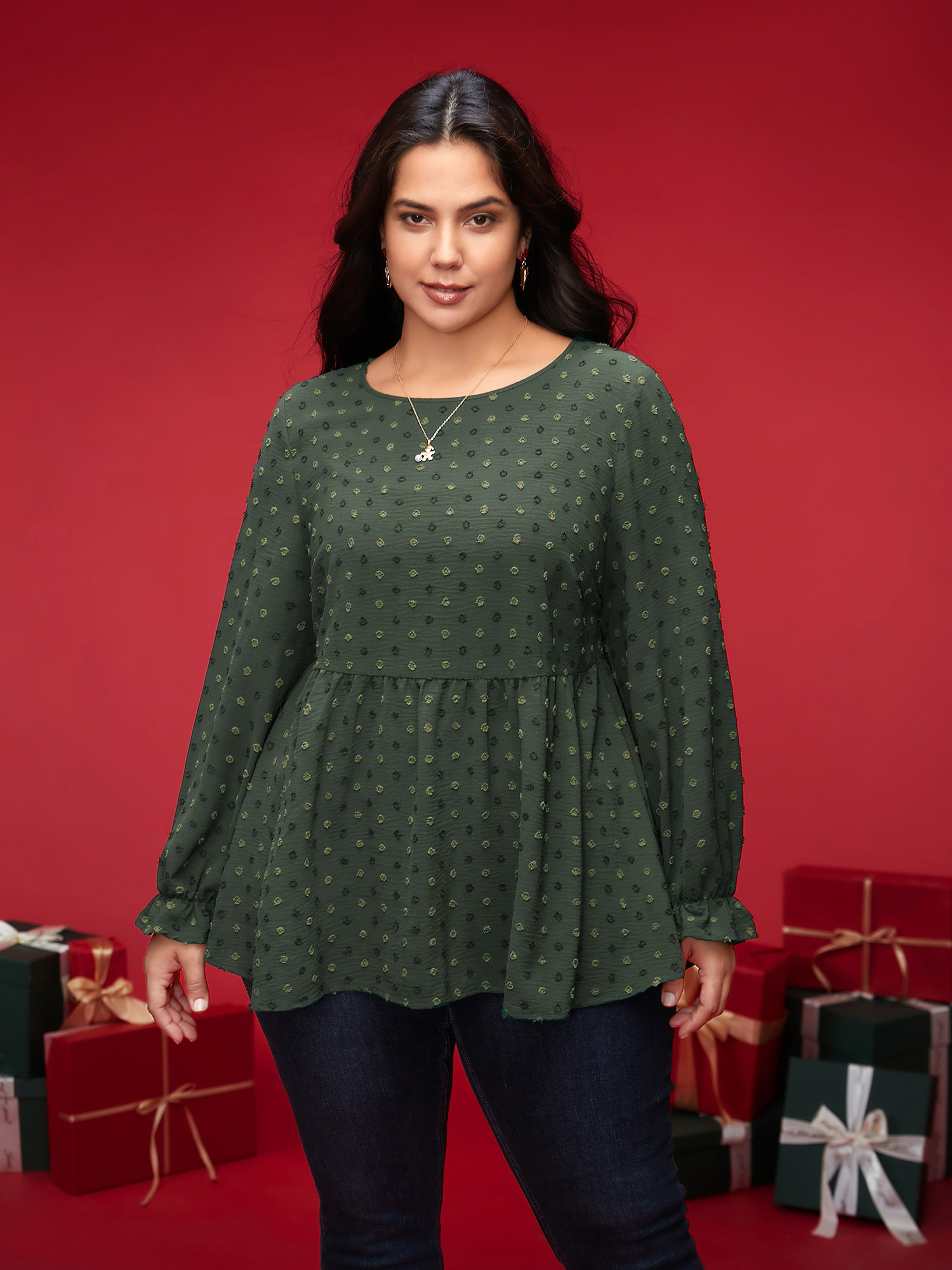 

Plus Size ArmyGreen Textured Dot Elastic Cuffs A-line Blouse Women Casual Long Sleeve Round Neck Everyday Blouses BloomChic