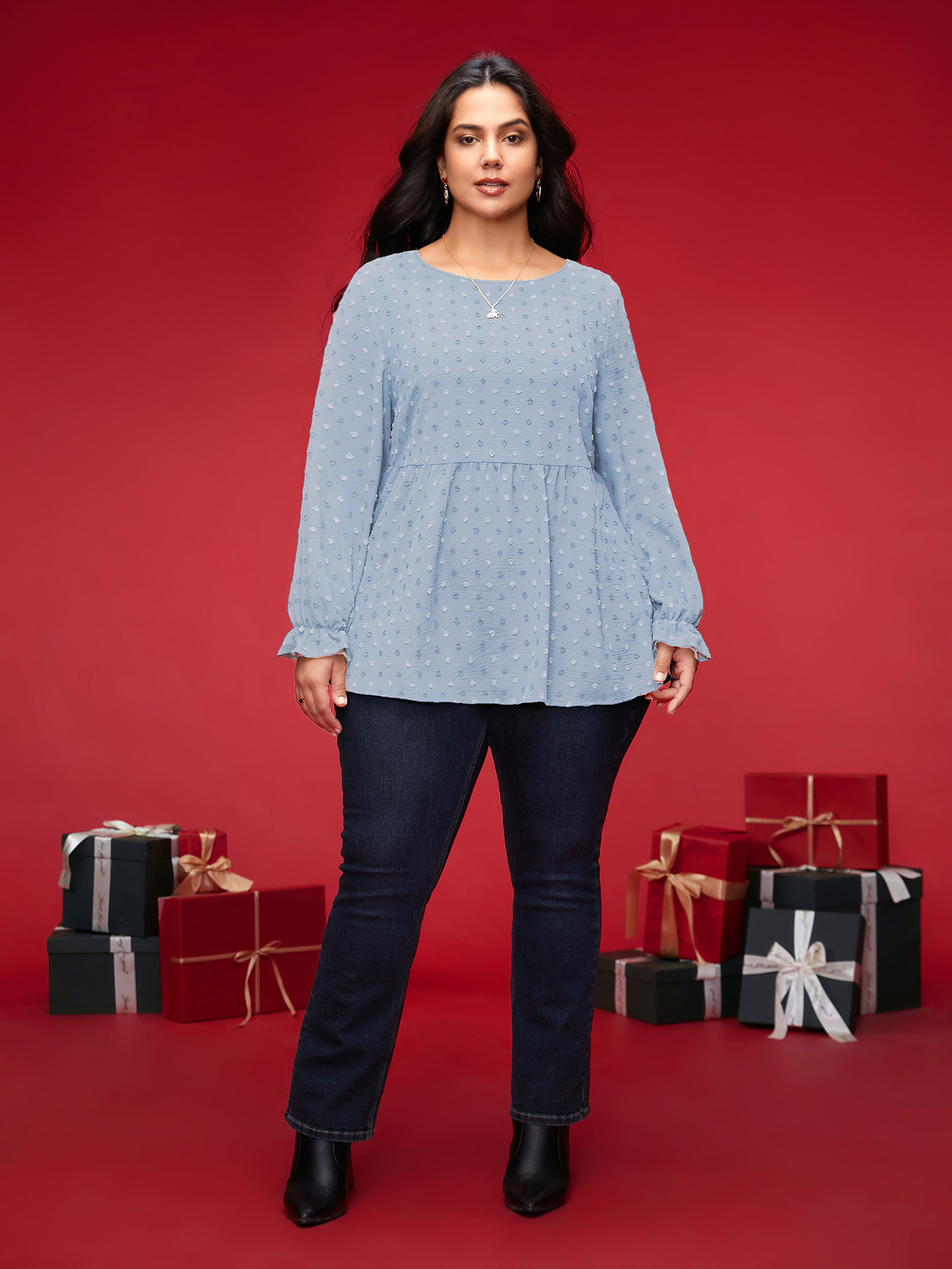 

Plus Size LightBlue Textured Dot Elastic Cuffs A-line Blouse Women Casual Long Sleeve Round Neck Everyday Blouses BloomChic