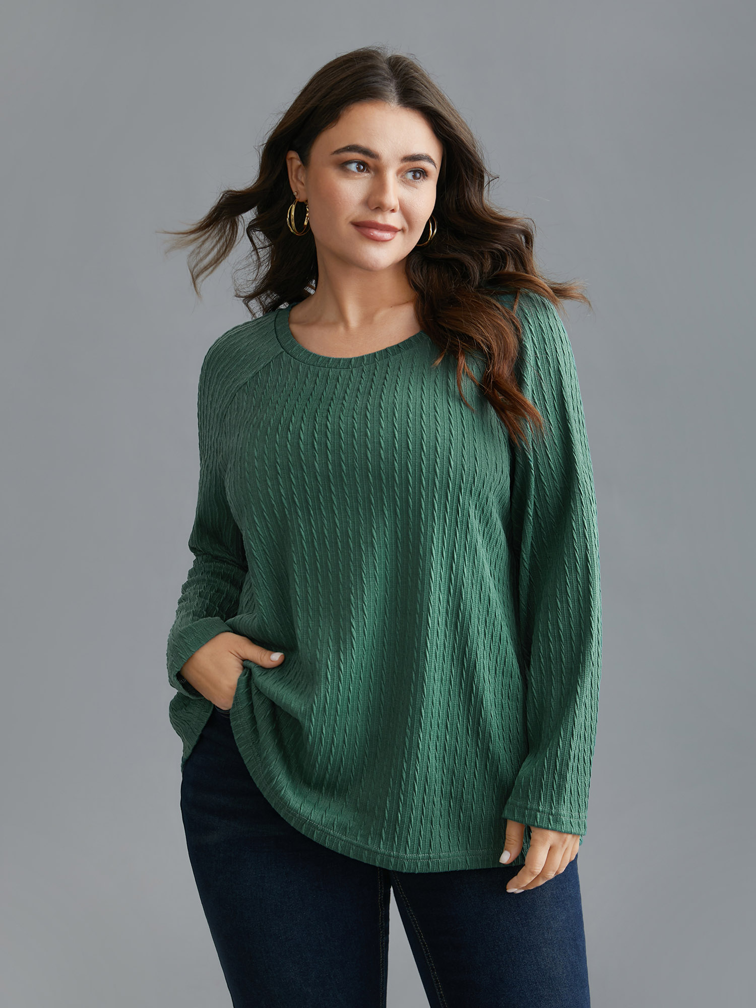 

Plus Size Textured Elastic Raglan Sleeves T-shirt Emerald Women Casual Texture Round Neck Everyday T-shirts BloomChic