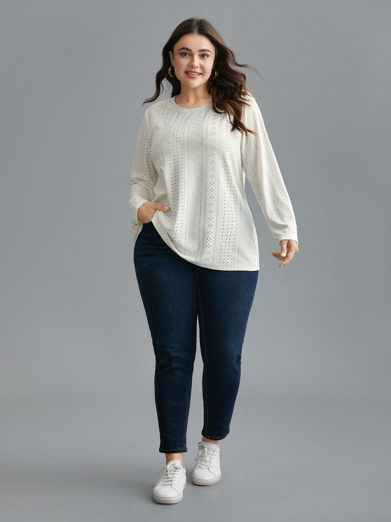 Plus Size Textured Cut-out Elastic Round Neck T-shirt Ivory Women Casual Texture Round Neck Everyday T-shirts BloomChic 18-20/2X 