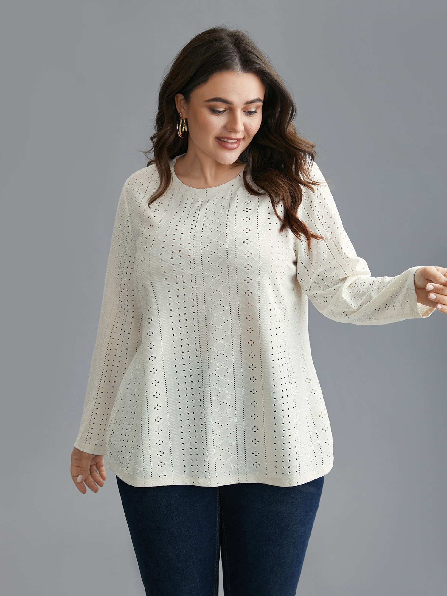 Plus Size Textured Cut-out Elastic Round Neck T-shirt Ivory Women Casual Texture Round Neck Everyday T-shirts BloomChic 18-20/2X 