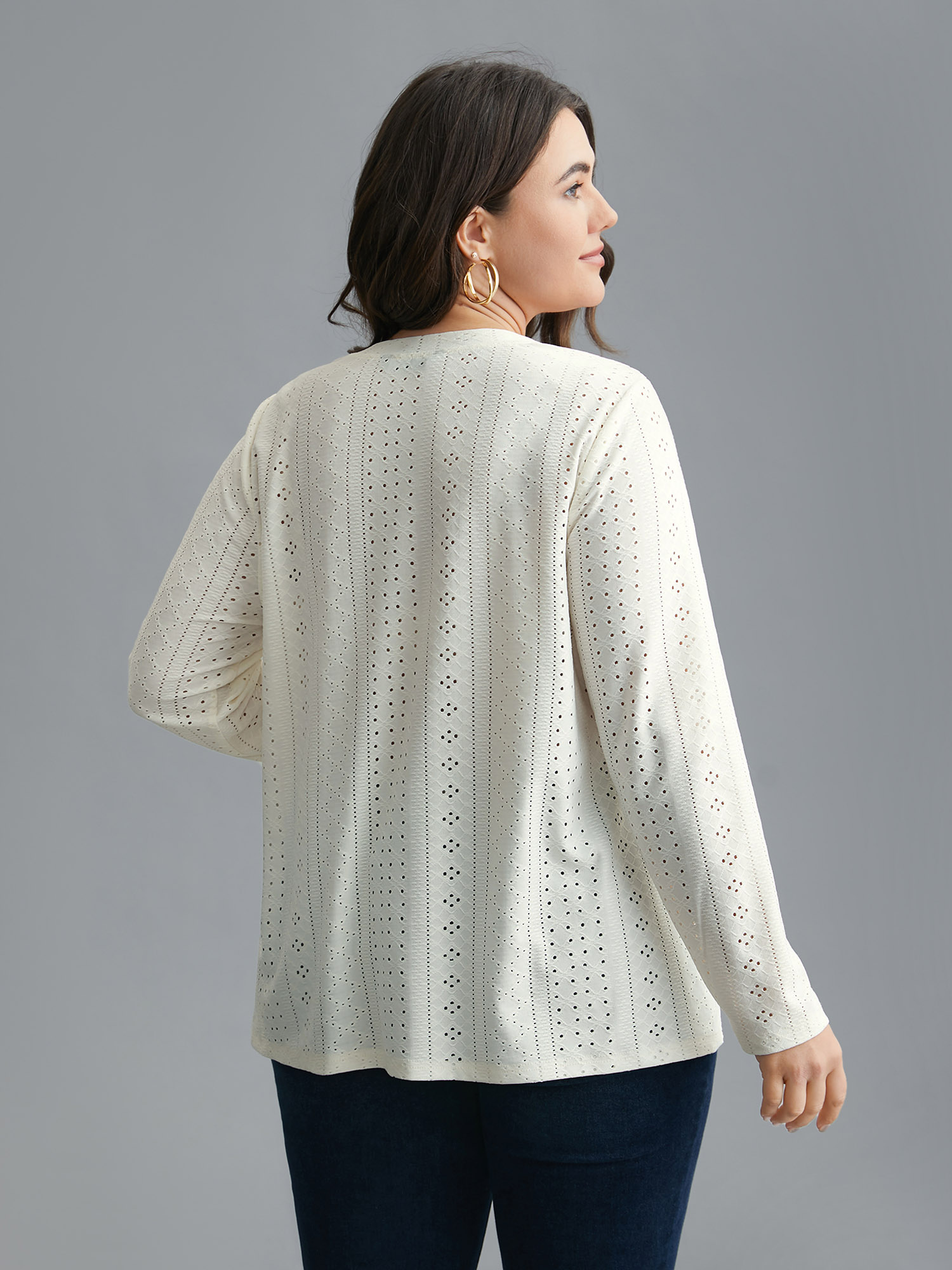 Plus Size Textured Cut-out Elastic Round Neck T-shirt Ivory Women Casual Texture Round Neck Everyday T-shirts BloomChic 18-20/2X 