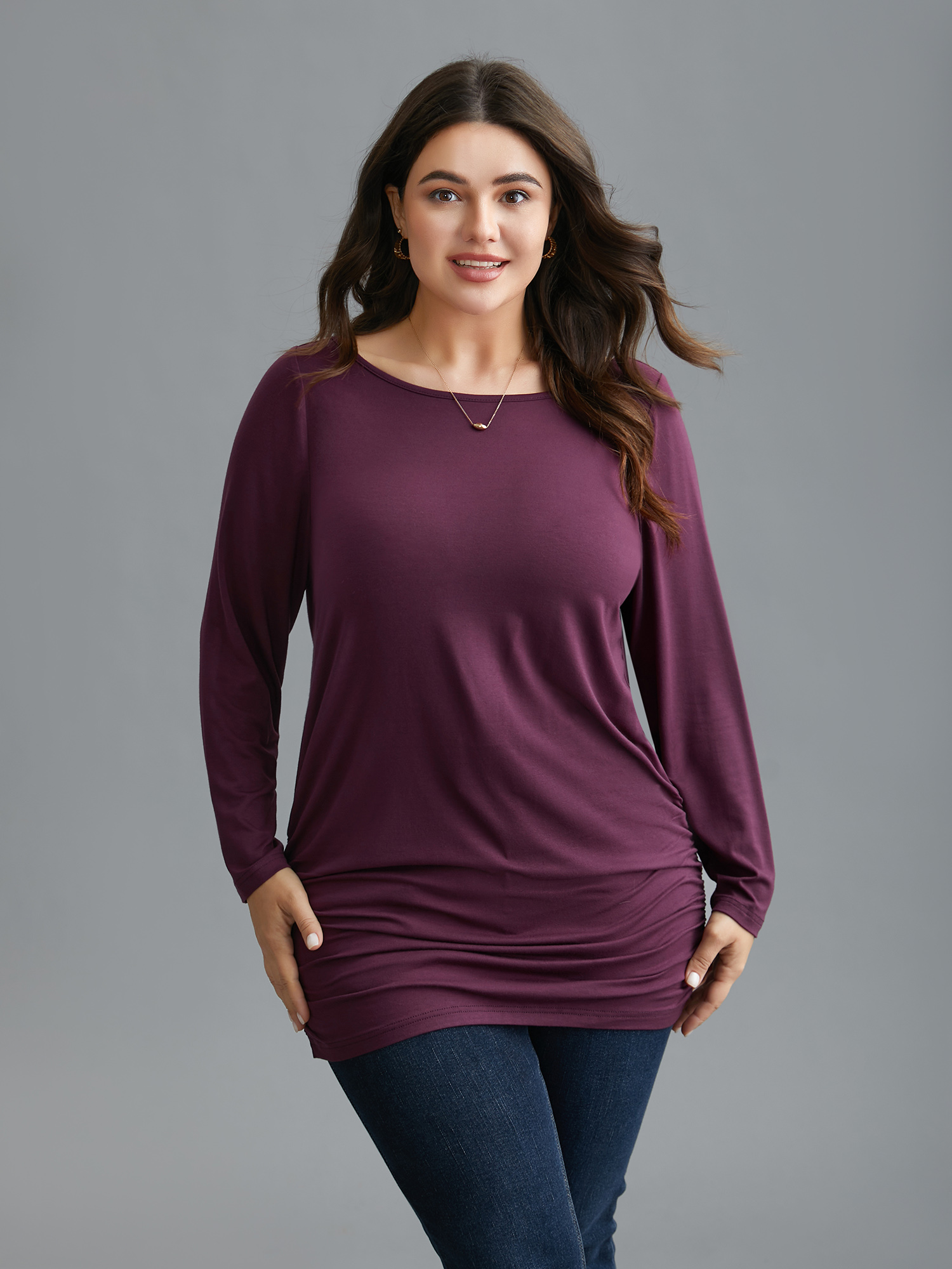 

Plus Size Very Stretchy Supersoft Slim-Fit T-shirt Plum Women Elegant Gathered Boat Neck Everyday T-shirts BloomChic