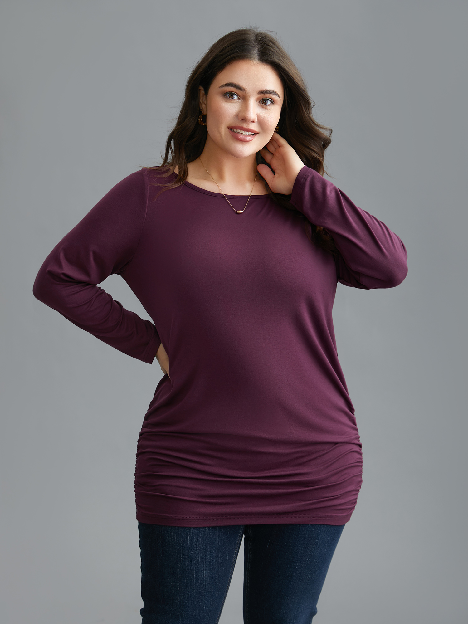 

Plus Size Very Stretchy Supersoft Slim-Fit T-shirt Plum Women Elegant Gathered Boat Neck Everyday T-shirts BloomChic