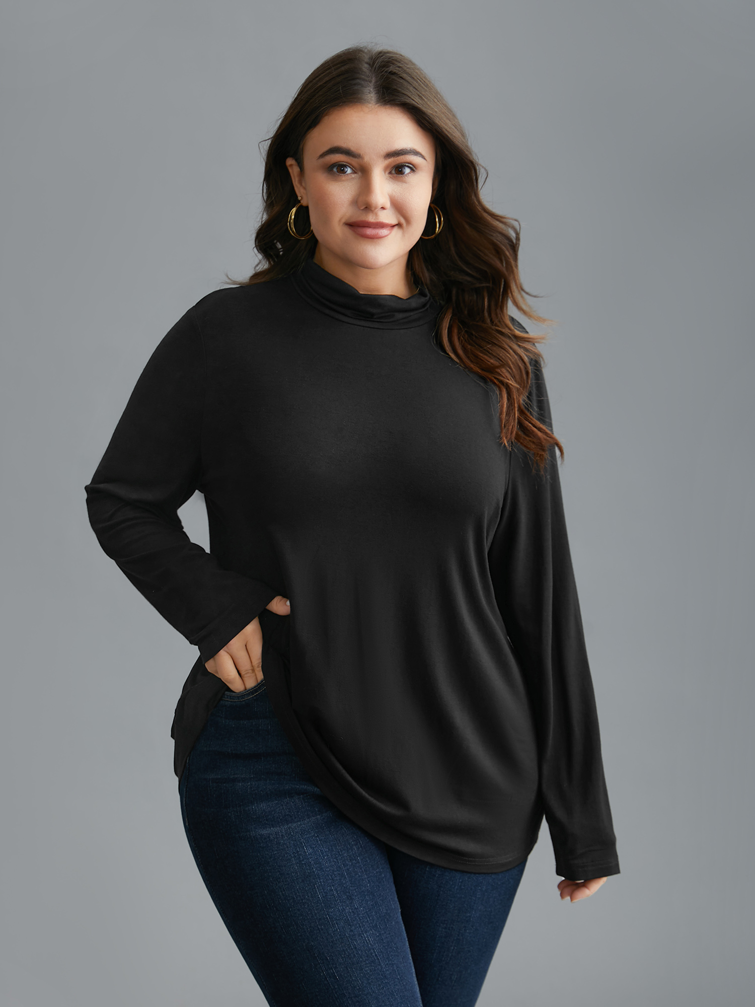 

Plus Size Supersoft Essentials Solid Mock Neck T-shirt Black Women Casual Non Mock Neck Everyday T-shirts BloomChic