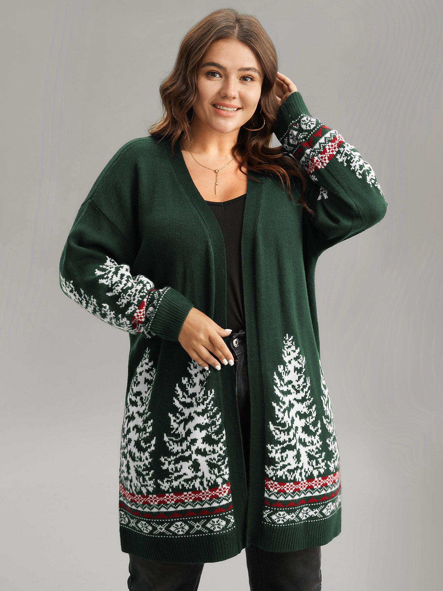 

Plus Size Christmas Trees Contrast Cardigan DarkGreen Women Casual Loose Long Sleeve Festival-Christmas Cardigans BloomChic