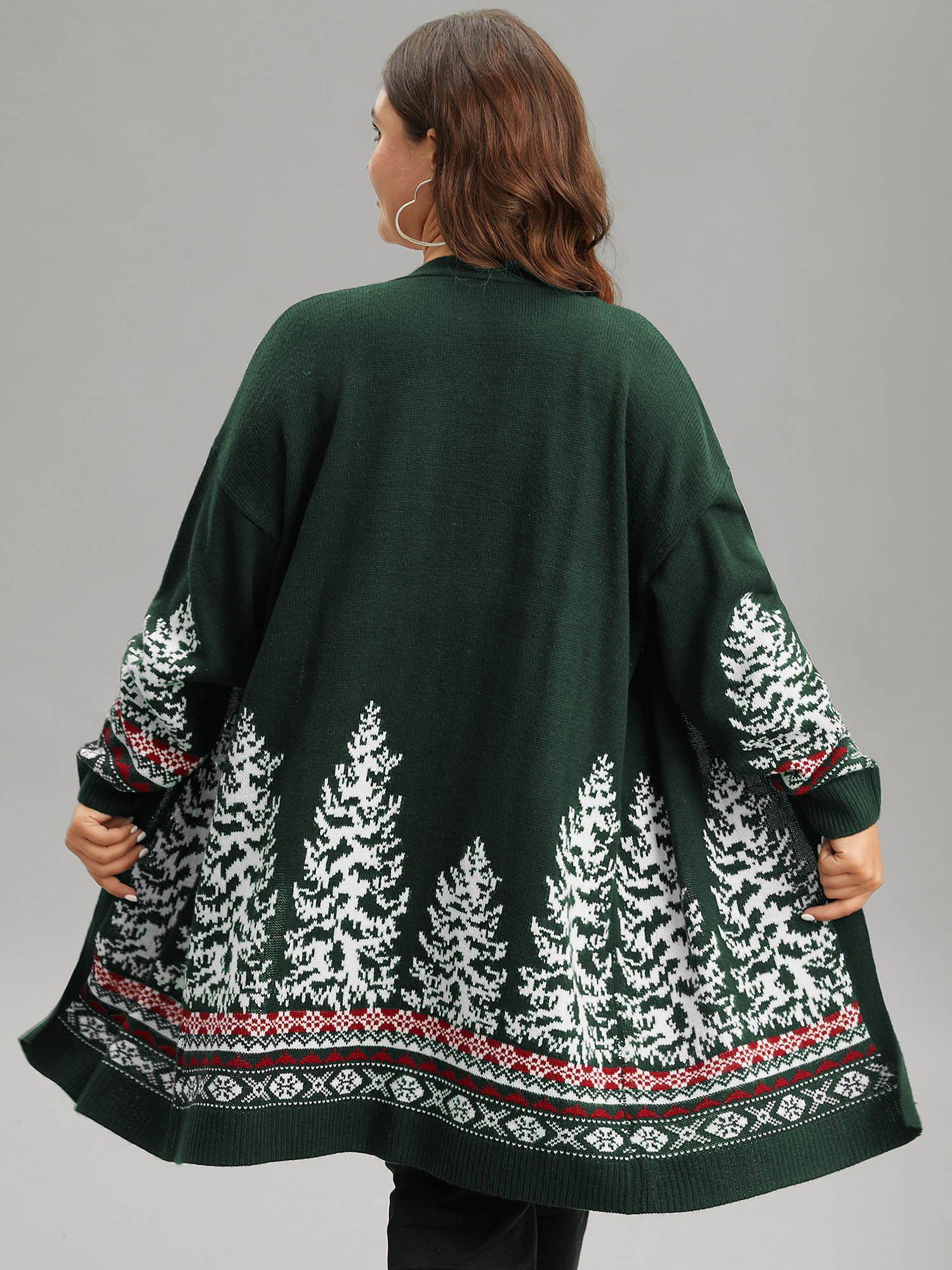 

Plus Size Christmas Trees Contrast Cardigan DarkGreen Women Casual Loose Long Sleeve Festival-Christmas Cardigans BloomChic