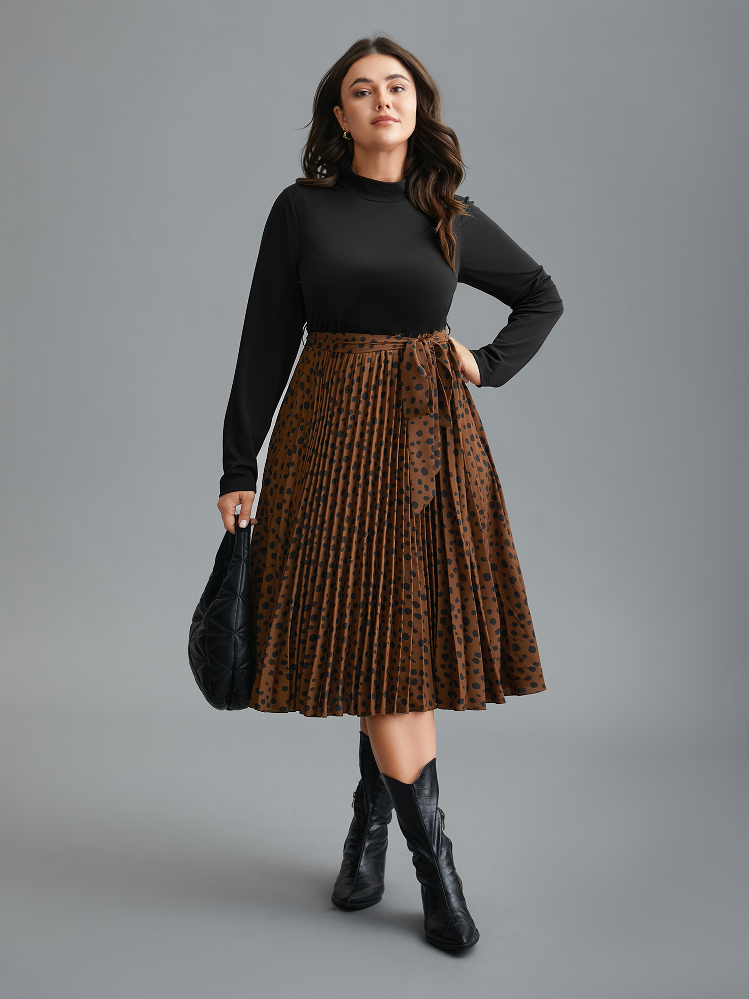 

Plus Size Leopard Print Pleated Mock Neck Midi Dress Bronze Women At the Office Belted Mock Neck Long Sleeve Curvy BloomChic