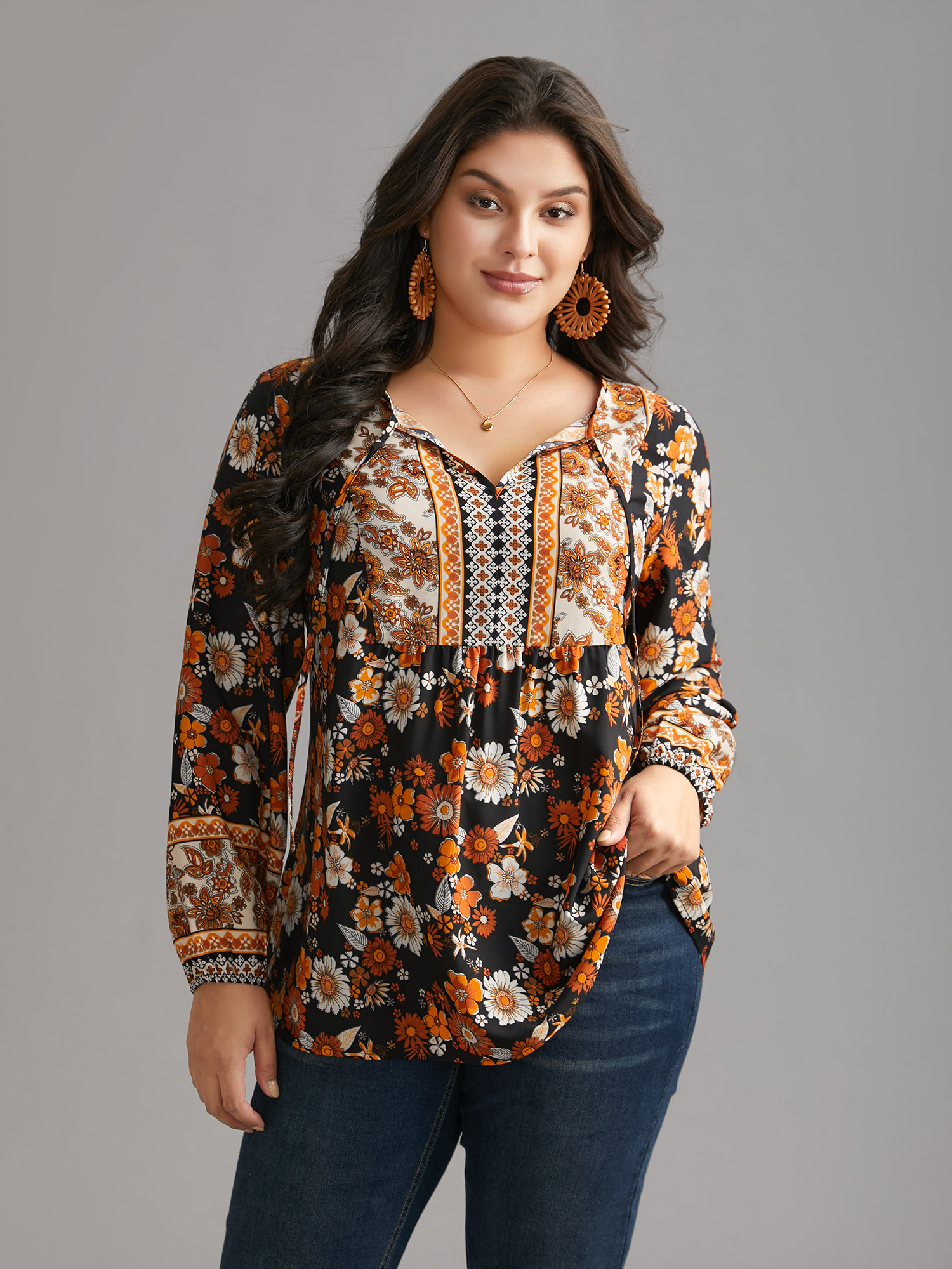 

Plus Size Black Boho Print Tie Knot Lantern Sleeve Blouse Women Resort Long Sleeve Notched collar Vacation Blouses BloomChic