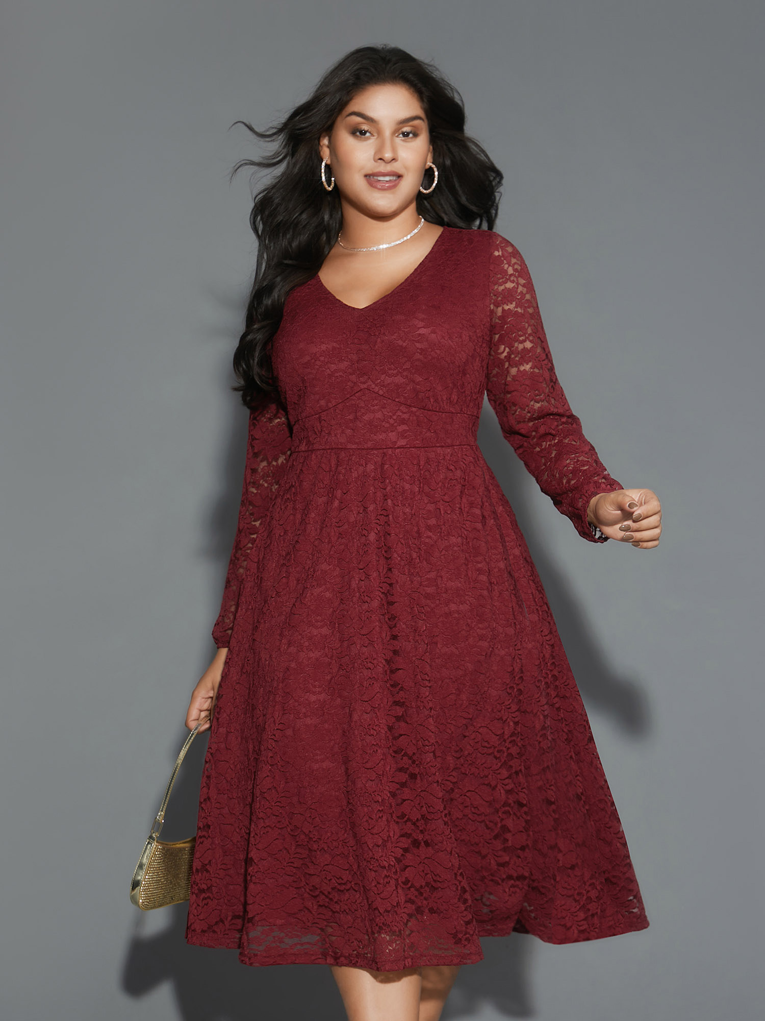 

Plus Size Solid Lace Patchwork Lantern Sleeve Dress Burgundy Women Cocktail Woven ribbon&lace trim Party Curvy Bloomchic