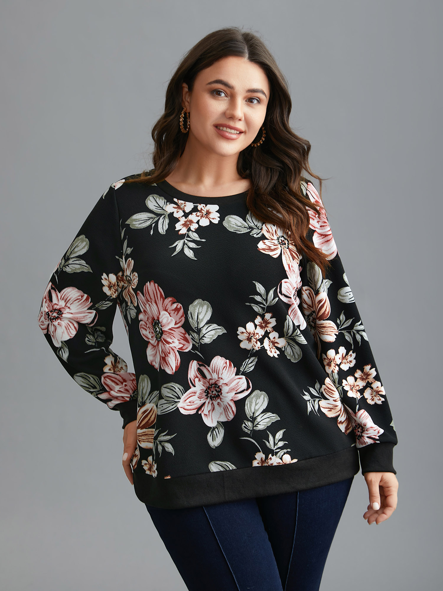 

Plus Size Big Flowers Crew Neck Elastic Sweatshirt Women Black Elegant Contrast Round Neck Everyday Sweatshirts BloomChic