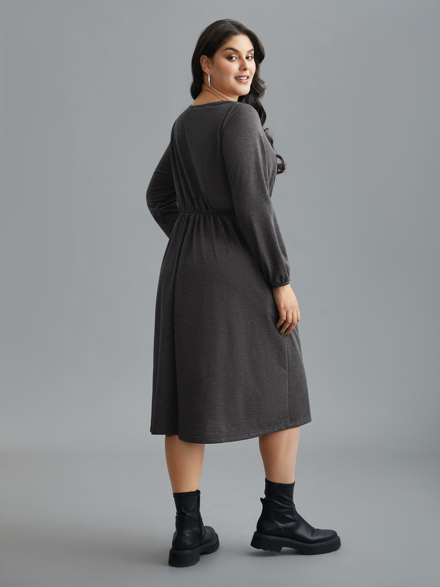 

Plus Size Elastic Waist Tie Round Neck Knit Midi Dress DarkGray Women Casual Drawstring Knit Dresses Bloomchic