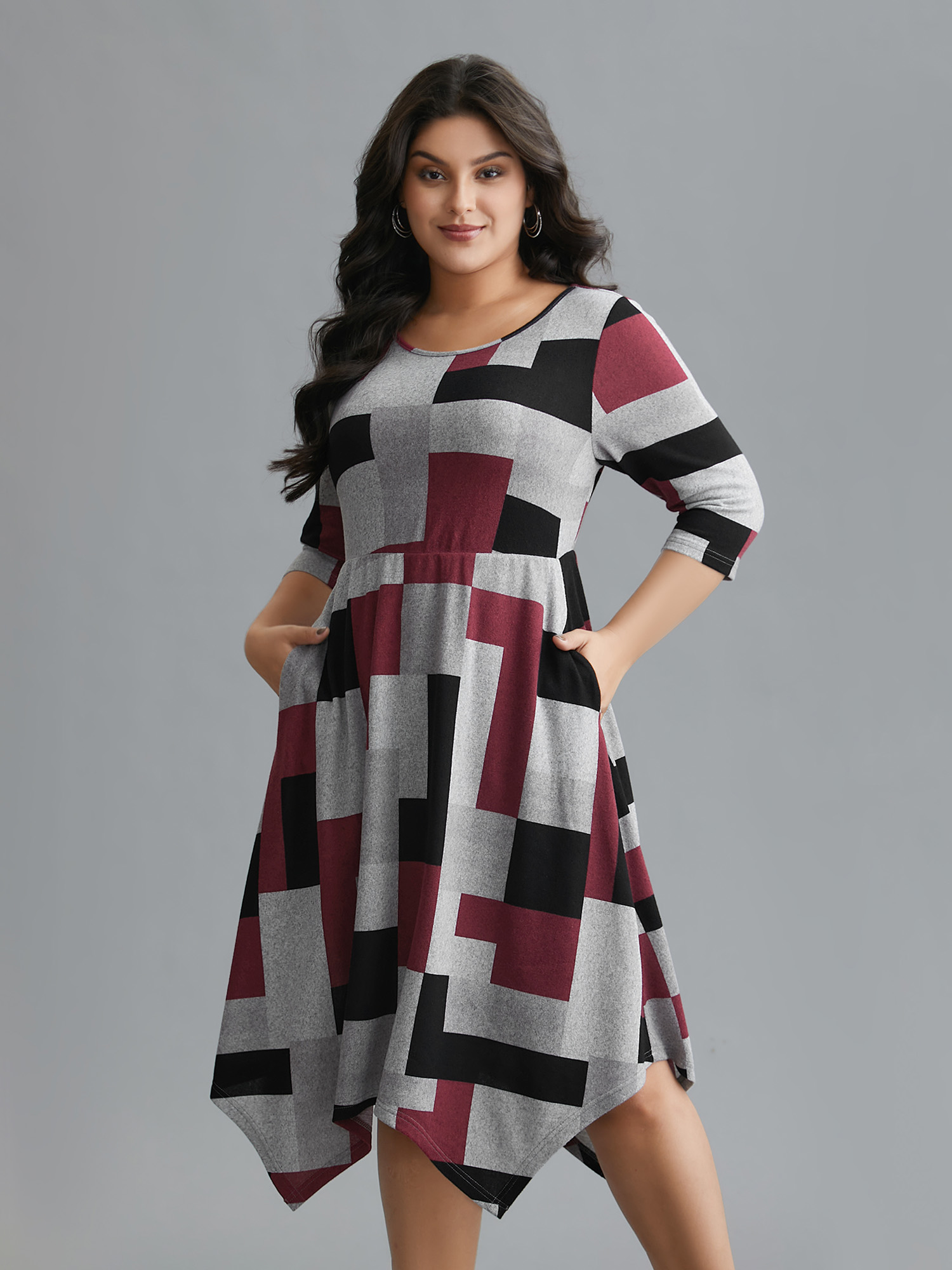 

Plus Size Geometric Print Asymmetrical Hem Midi Dress Multicolor Women Casual Contrast Knit Dresses Bloomchic