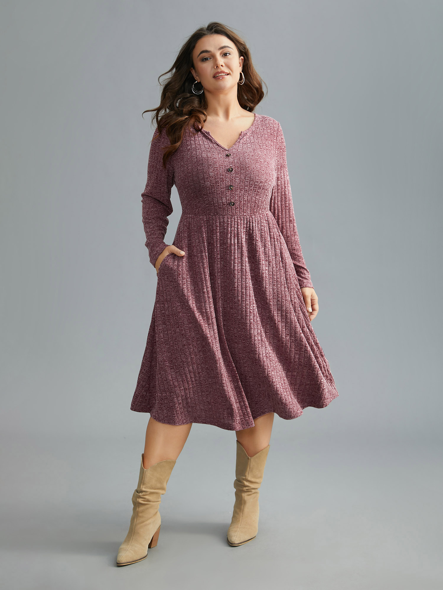 

Plus Size Knitted V-Neck Heather Button Detail Dress Burgundy Women Casual Texture Knit Dresses Bloomchic