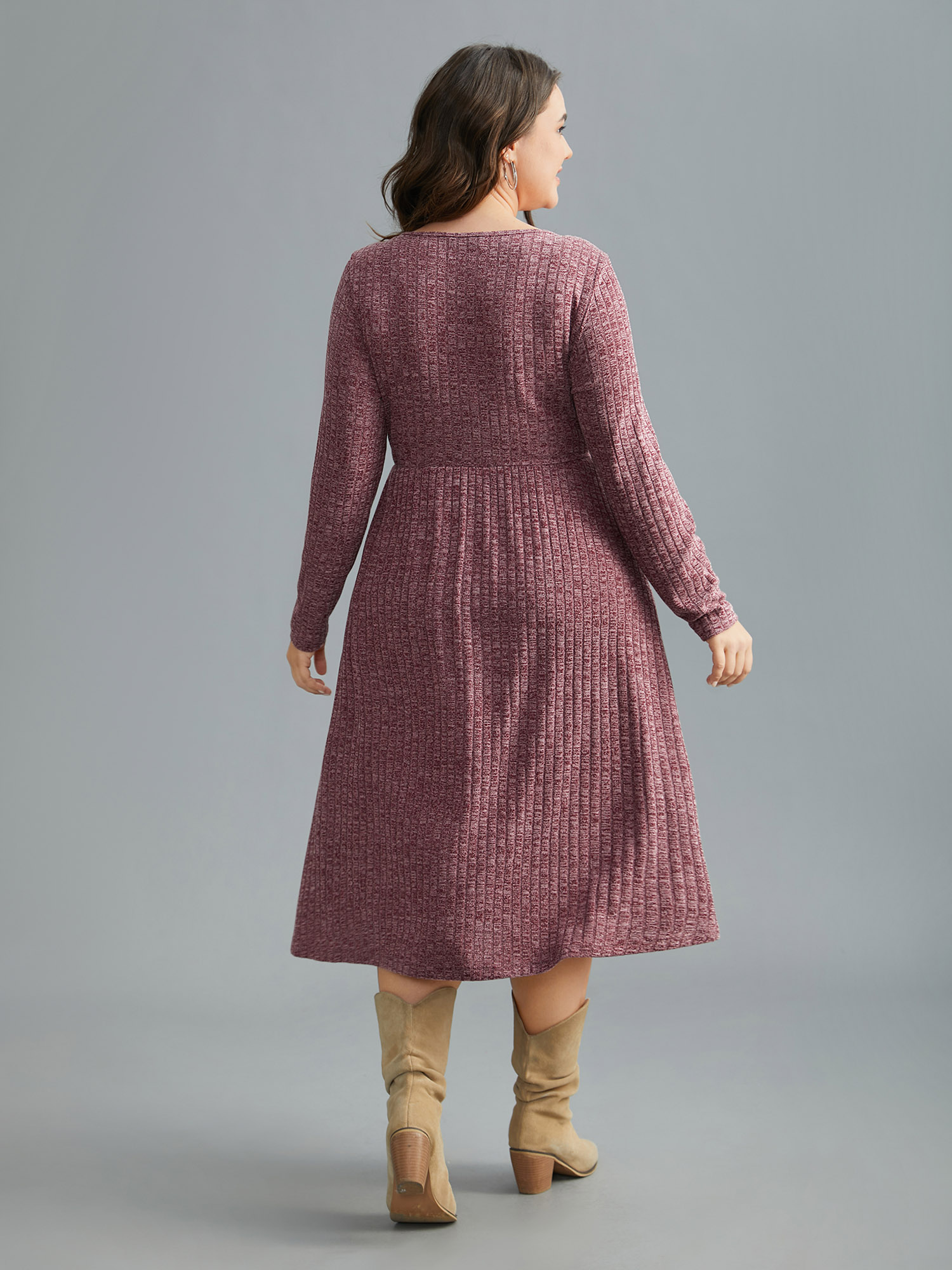 

Plus Size Knitted V-Neck Heather Button Detail Dress Burgundy Women Casual Texture Knit Dresses Bloomchic