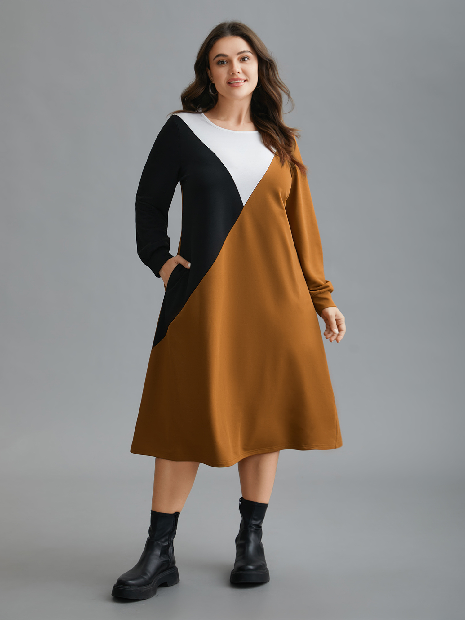 

Plus Size Colorblock Contrast Pockets Knitted Midi Dress Yellowishbrown Women Casual Contrast Knit Dresses Bloomchic