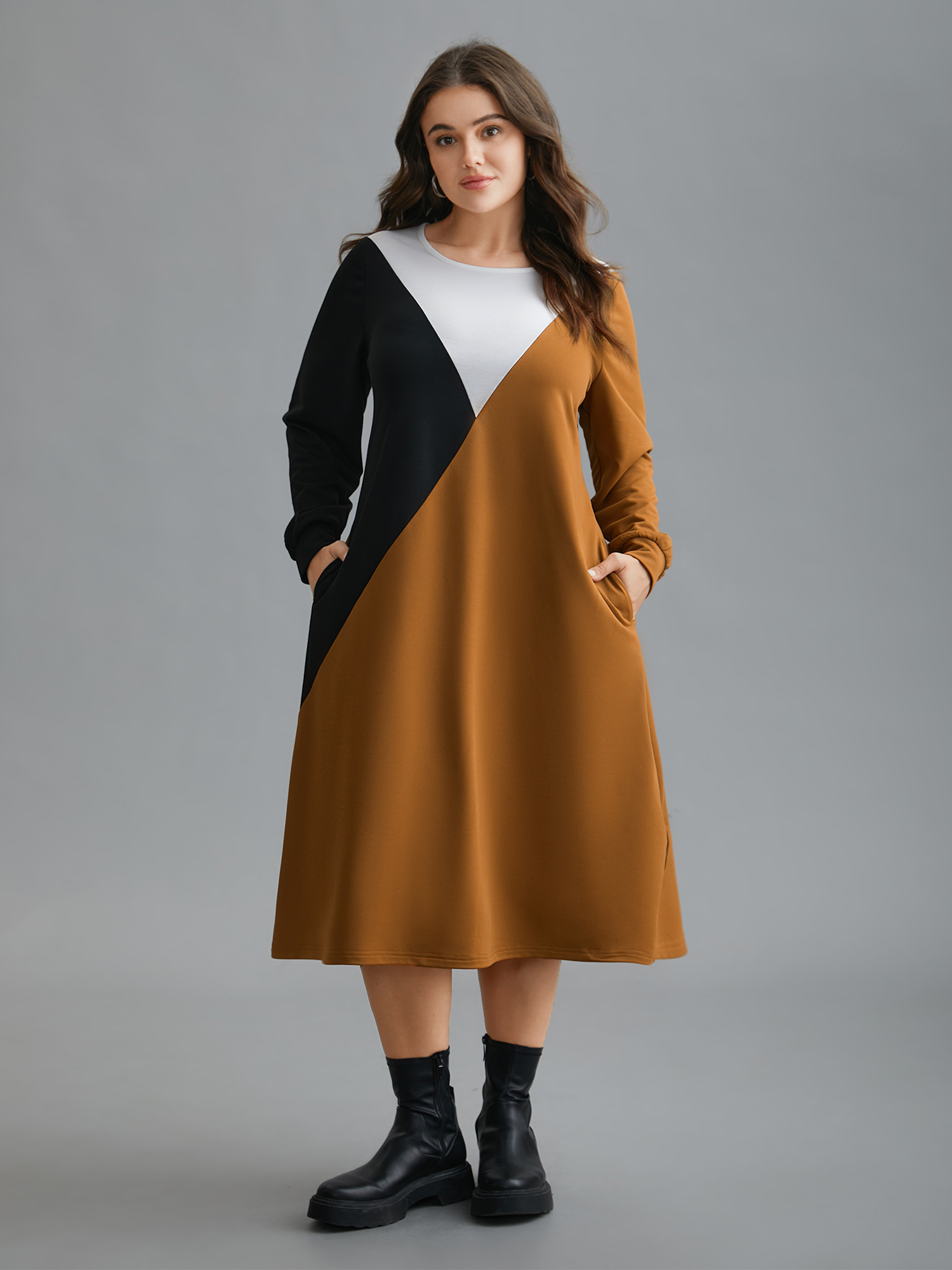 

Plus Size Colorblock Contrast Pockets Knitted Midi Dress Yellowishbrown Women Casual Contrast Knit Dresses Bloomchic